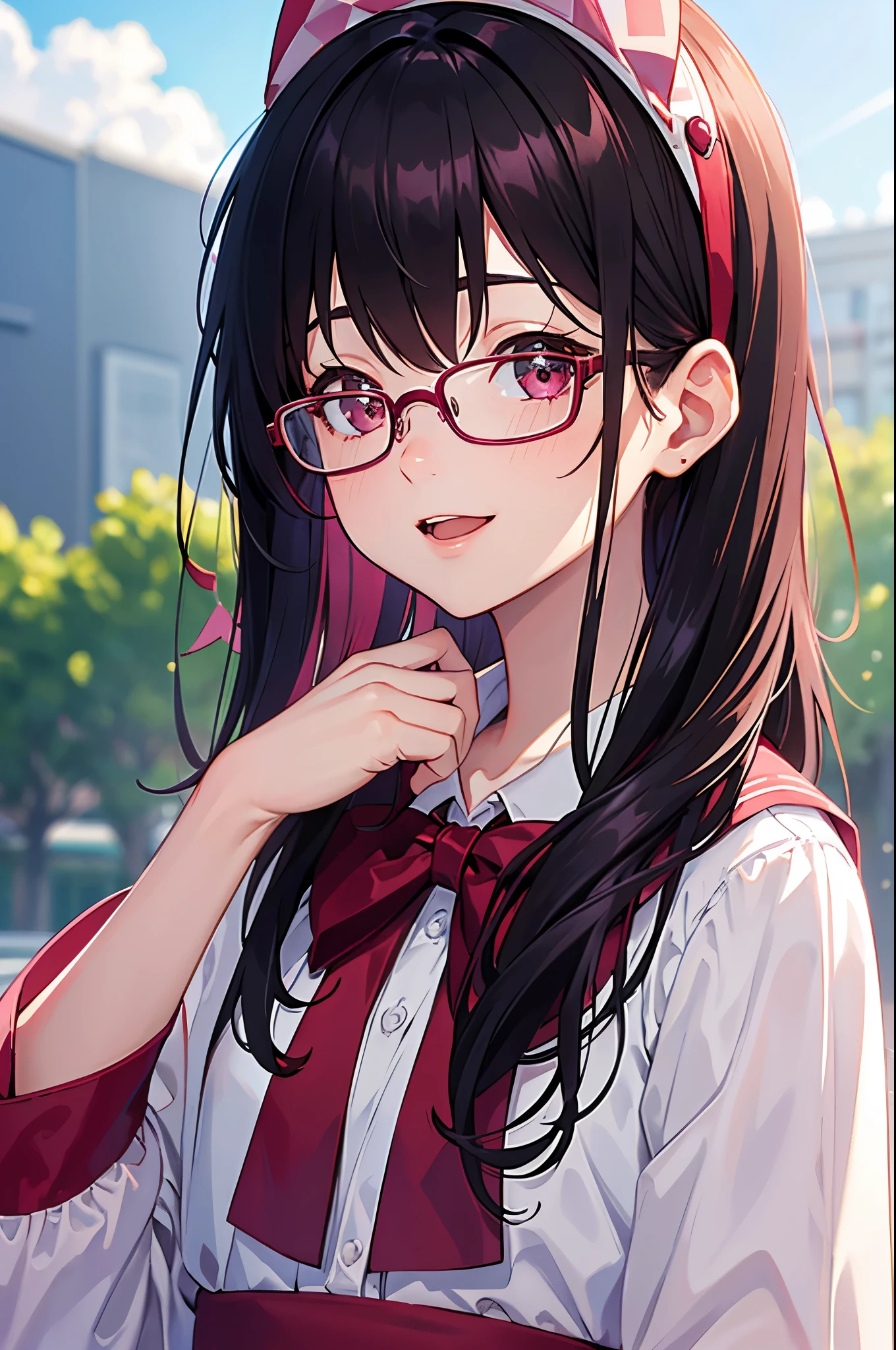 Girl, burgundy hair, blue sky and white clouds, wearing silver glasses, happy, happy, reddish cheeks, black hair, wearing pink bow headband, perfect quality, clear focus (clutter - home: 0.8), (masterpiece: 1.2) (Realistic: 1.2) (Bokeh) (Best quality) (Detailed skin: 1.3) (Intricate details) (8K) (Detail eyes) (Sharp focus), (Happy)