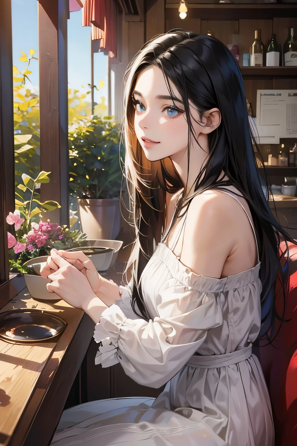 (table top, digital art, digital illustration, 4k, 8k, Super detailed, beautiful images, clear image, realistic, RAW photo, perfect face, perfect lines, perfect eyes, soft lighting) ,1 female, (long black hair,straight hair,bullish look,Beautiful woman,small breastake up well,23 years old,:1.3),Two handsome men in suits, (human,muscular,solid shoulder width, human,boyish hairstyle,English gentleman&#39;Style,A man in his 30s with a cool expression,28 year old man with a bright 笑顔:1.2),Show your white teeth and 笑顔(embarrassing,shy smile:1.1),garden full of light、Squirting、resort sofa、colorful flowers、couple、coupleキス、romance porn、ハグし合うcouple、look at each other、bar、bar、counter