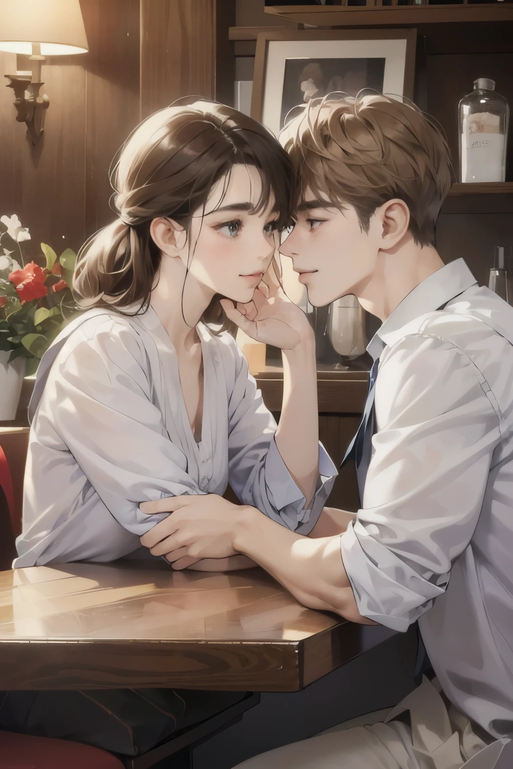 (table top, digital illustration, 4k, 8k, Super detailed, beautiful images, clear image, perfect face, perfect lines, perfect eyes, soft lighting) 1 female, (light brown hair,chignon hair,innocent look,droopy eyebrows,droopy eyes、With a round face,round chin、innocence,cute,Big eyes,natural makeup,smile gently,E cup,23 years old:1.3),Two handsome men in suits, (human,man in suit,muscular,solid shoulder width, boyish hairstyle,A man in his 30s with a cool expression,28 year old man with a bright smile:1.2),garden full of light、lots of flowers、Squirting、colorful flower light,(embarrassing,shy smile:1.2),resort sofa,kiss、カップルkiss、romance porn、couple of man and woman hugging each other、bar、counter、bar