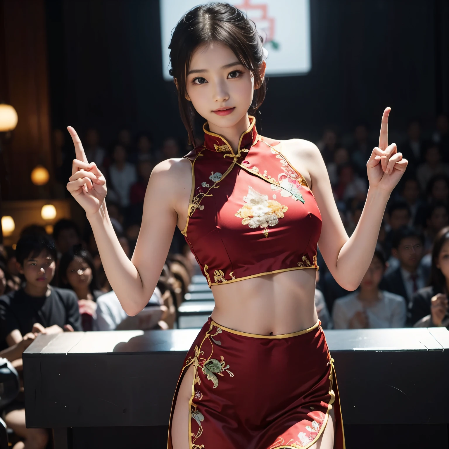 ((masterpiece、highest quality))、shape、Super detailed、8k、realistic、sharp focus、very detailed、professional lighting、colorful details、((unparalleled beauty))、detailed texture、skin moisture、shiny skin、perfect style、 body、Esbian、bow、((precise fingers:1.55))、(Red Chinese dress with beautiful embroidery:1.5)、(translucent costume:1.4)(Set on a huge and luxurious set)、(on the concert stage)、(dance violently:1.2)、spread your legs and show me your panties、in front of a packed audience、look at the audience、18-year-old、shine、intricate details、Shitsumeka、A woman is in front of the camera、belly button、smile、 