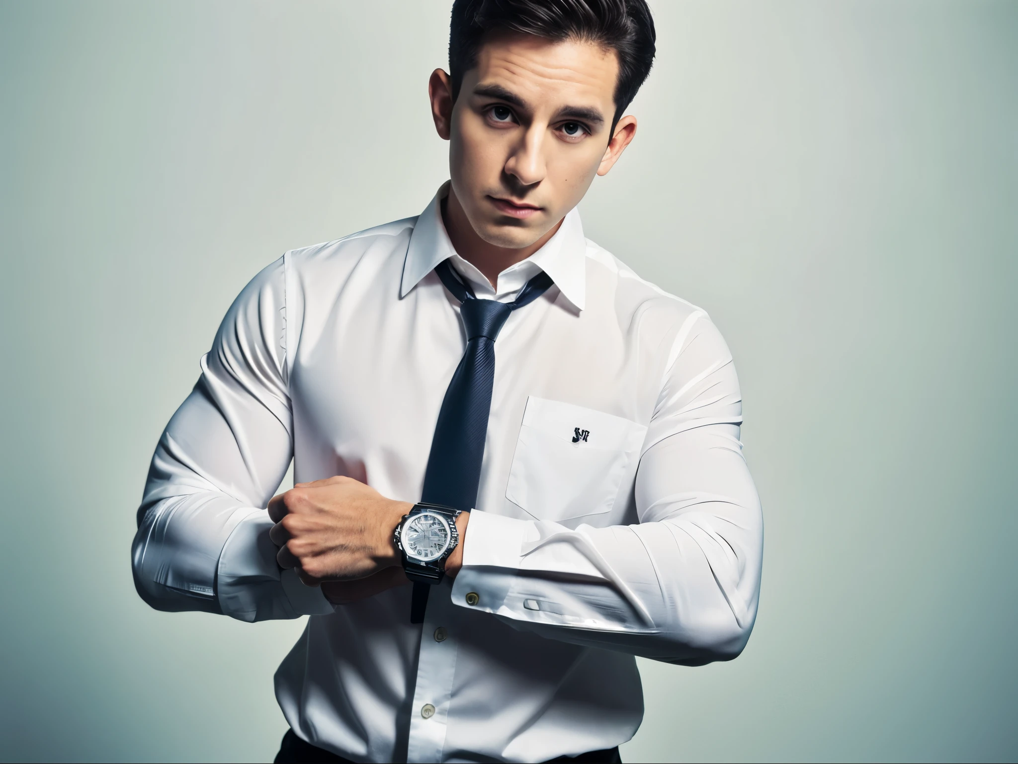 1man,
 a 30 y.o muscular male wearing long-sleeve white shirt and tie, with a watch, upper body, 
in camera studio with 3 flash, soft lighting, 
masterpiece, best quality, 8k uhd, dslr, film grain, Fujifilm XT3 photorealistic painting art by midjourney and greg rutkowski