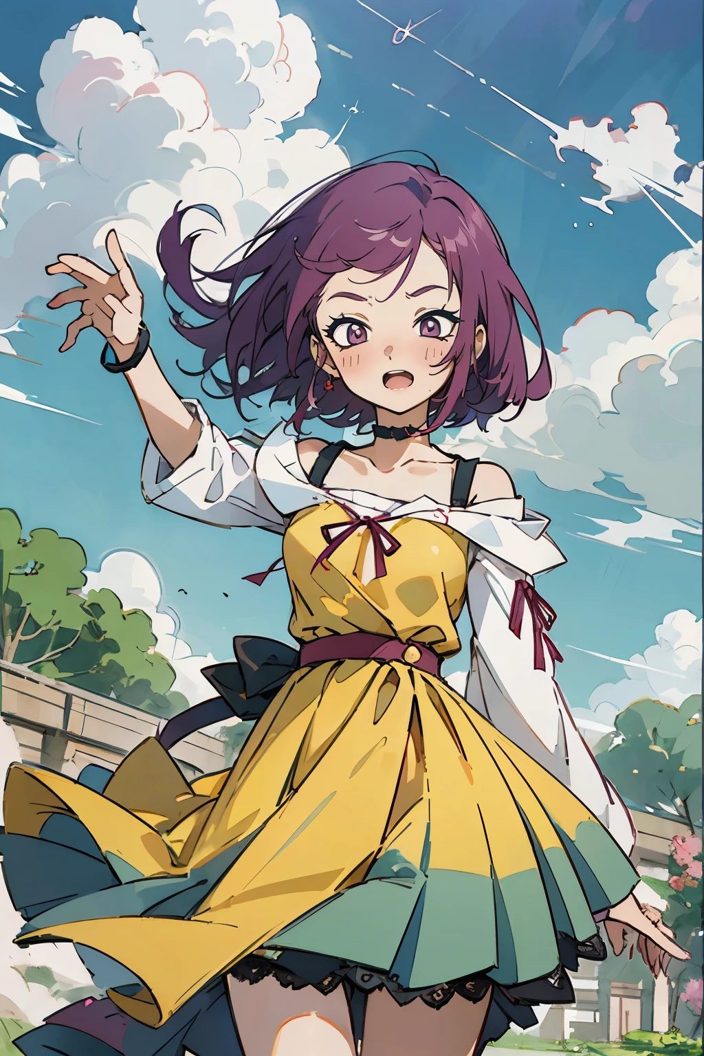 Kisho, jigokuraku, 1 girl, reddish Purple hair, Gray eyes, showa town, Ruins, Bang, Beautiful sky, shining sky, Sunshine, Smiling, Waving, Black Belts, black choker, Dresses that blow the wind, black Lace dress, wool sweaters, Off-shoulder sleeves