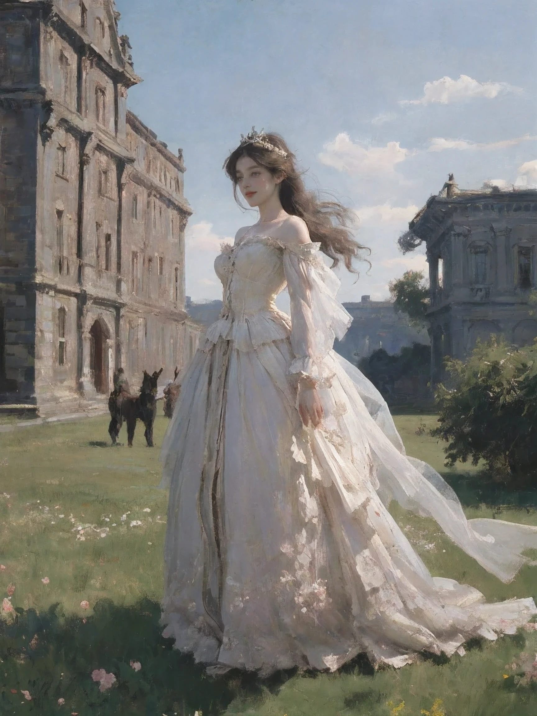  Queen, full body display, leaning on the ruins, There are floating bats around the background. The Queen's expression  enchanting, Her pose is seductive, her hands cupping her face, Fel runes flash in the background, Blood mist fills the air, and soft light. black stockings. official art, Unit 8k wallpaper, super detailed, Beautiful and beautiful, masterpiece, best quality, Very detailed, dynamic angle, Cardboard, radius, brightness, cowboy shooting, Chaos in its most beautiful form, elegant, brutalist design, visual color, romanticism, by James Jean, Robbie Devi Antonio, span, French bacon, Michael Mraz, Adrian Genius, Petra Cortright, Gerhard Richter, Takato Yamamoto, Ashley Wood, Atmospheric, notes of ecstasy, Streaming notes are visible, flowers in full bloom, many migrating birds, Deep in the forest, Sunlight, atmosphere, Rich details, full-body shot, shot from above, Shot from below, Detail background, beautiful sky, flowing hair, perfect face, Exquisite facial features, high detail, Smile, Fisheye lens, dynamic angle, dynamic poses,like the moon,1,it is,nature,plan,flowers,tree,Steampunk,semantic transfer,