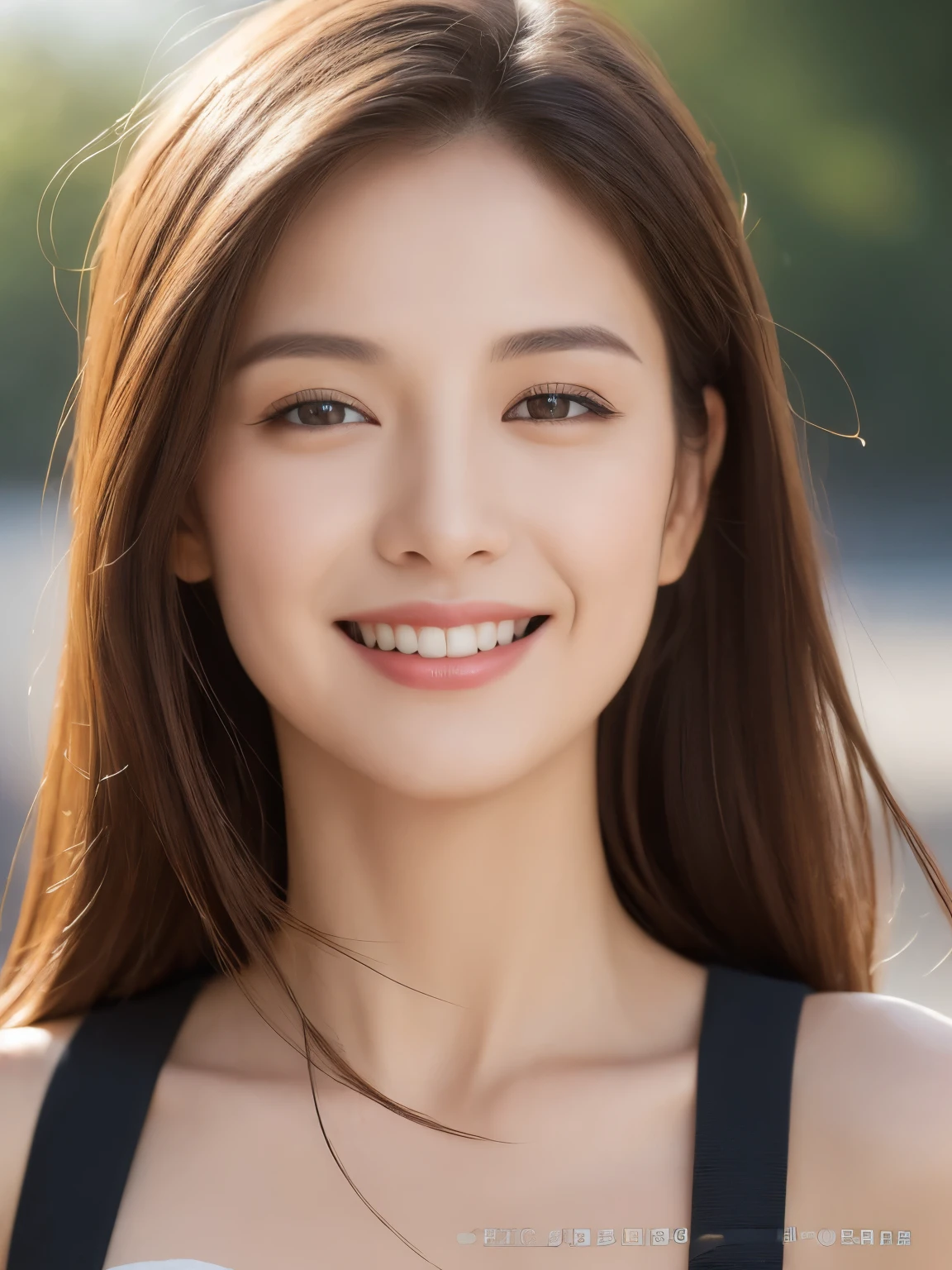 ((highest quality, 8k, masterpiece :1.3)), sharp focus :1.2, perfect body beauty: 1.4, slim abs: 1.2, dark brown hair, (Natural light, city street: 1.1 ), Highly detailed face and skin texture, fine eyes, double eyelid, (((dynamic angle)))、playing the guitar、smile