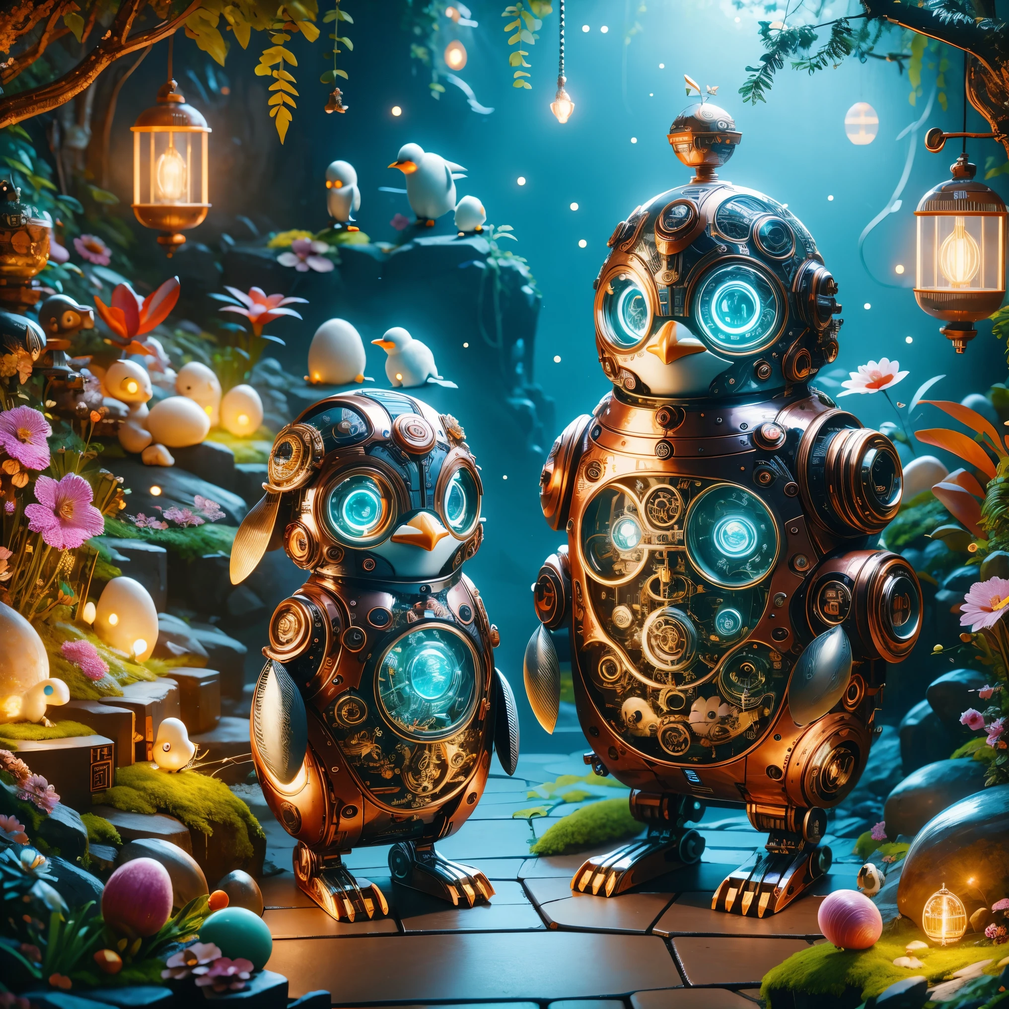 A cute mechanical penguin，Its body is made of exquisite copper and silver parts。Its eyes are like two glowing gems，transparent，Under the illumination of neon lights，Create a sparkling effect together with high-precision mechanical components。Surrounded by exotic plants，Create a mysterious and fantasy atmosphere。The scene combines traditional themes with a futuristic steampunk style，showcases penguin&#39;s intricate designs and magical garden settings。