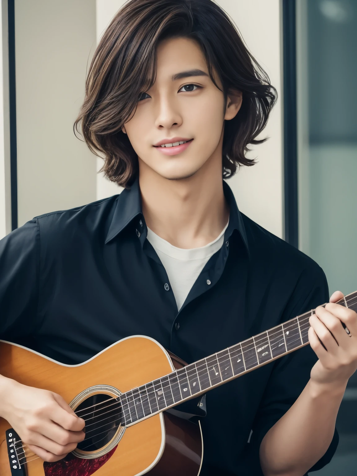 artist、Refreshing handsome man in his 20s、（Super cool S class boy）、Japanese male 30 years old、a handsome guy、（CG Unity 8K high resolution photo）、（very detailedＳクラスのa handsome guy性）、（Photoreal）、（highest quality））、Super detailed、super high quality、expensive、viewer、kind person、very beautiful hair　perm hair、bright pictures、handsome like a model、Handsome like an idol、looking at camera、no beard、playing the guitar