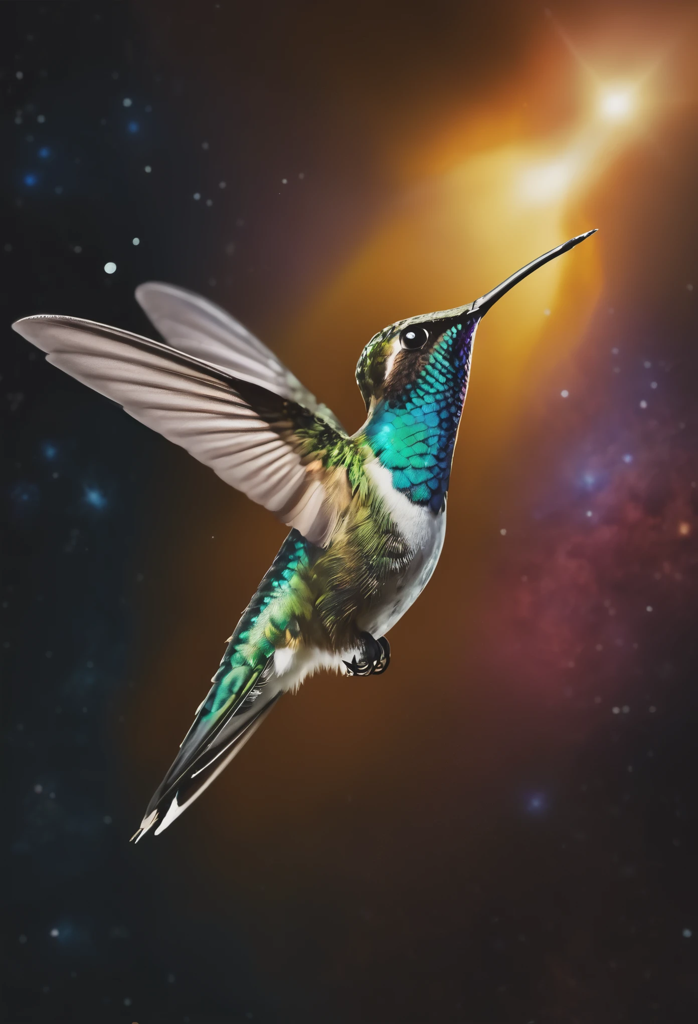 (highres,best quality,ultra-detailed,realistic:1.37), vibrant hummingbird, magical floating in space, eating Earth, mesmerizing colors, intricate metallic feathers, delicate long beak, hovering gracefully, surreal cosmic backdrop, ethereal glow, captivating celestial scene