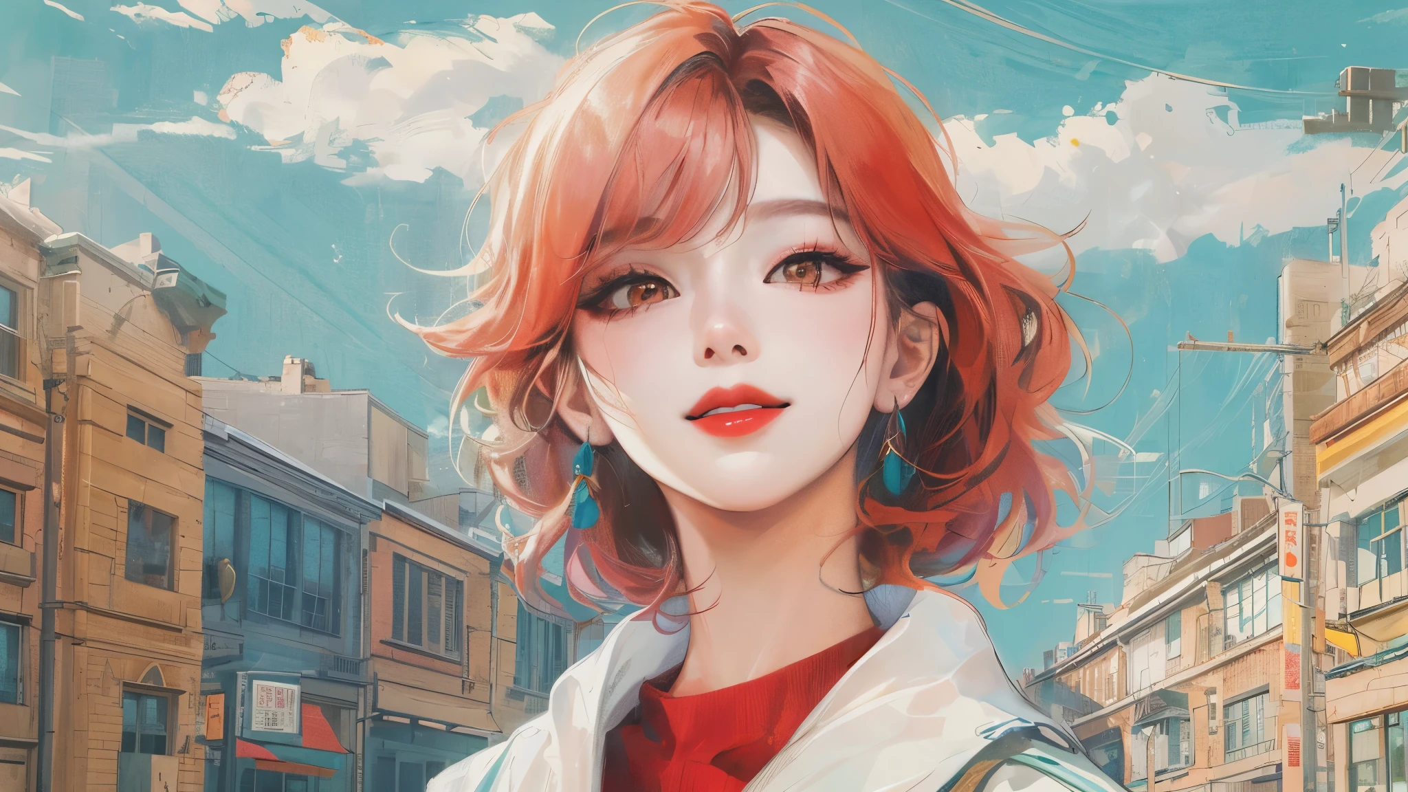 absurd, masterpiece, best quality, bright colors, 21 years old, Korean girl from K-pop with a beautiful face , beautiful hair, stylish hair, excited expression, natural big smile, natural red lipstick, blemish-free white skin, Fashionable, Characters from webtoons, Feminine semi-casual clothing, masterpiece 배경, detailed background, travel, modern city street, exciting mood, wide view, whole body, Very delicate and beautiful, realistic