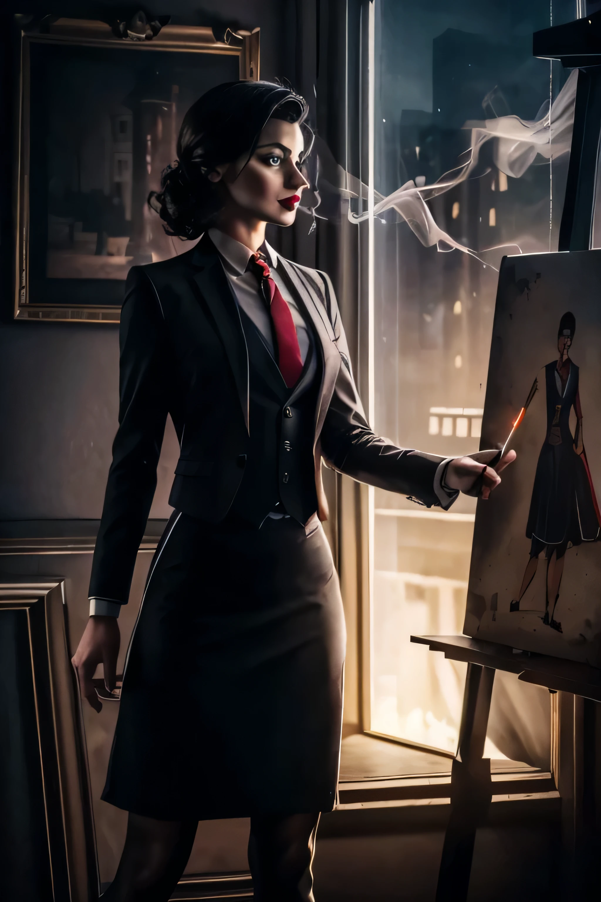 lizoldBS_soul3142, 1girl, red lipstick, makeup, eyeshadow, smoke, cigarette, high detail, great lighting, 8k resolution, masterpiece, concept art, illustration, clear eyes, soft lighting, soft details, painting oil on canvas, octane render, HDR, trending on artstation, 4k, 8k, HD, skirt suit, suit and tie, (((three-piece suit))), silk dress shirt, shirt and tie, (((necktie))), ((blazer)), ((suit jacket)) ((waistcoat)), ((bodycon miniskirt)), pantyhose, tights, stockings, tie clip, pocket square, tailored suit, (((cufflinks))), close up, shiny clothing
