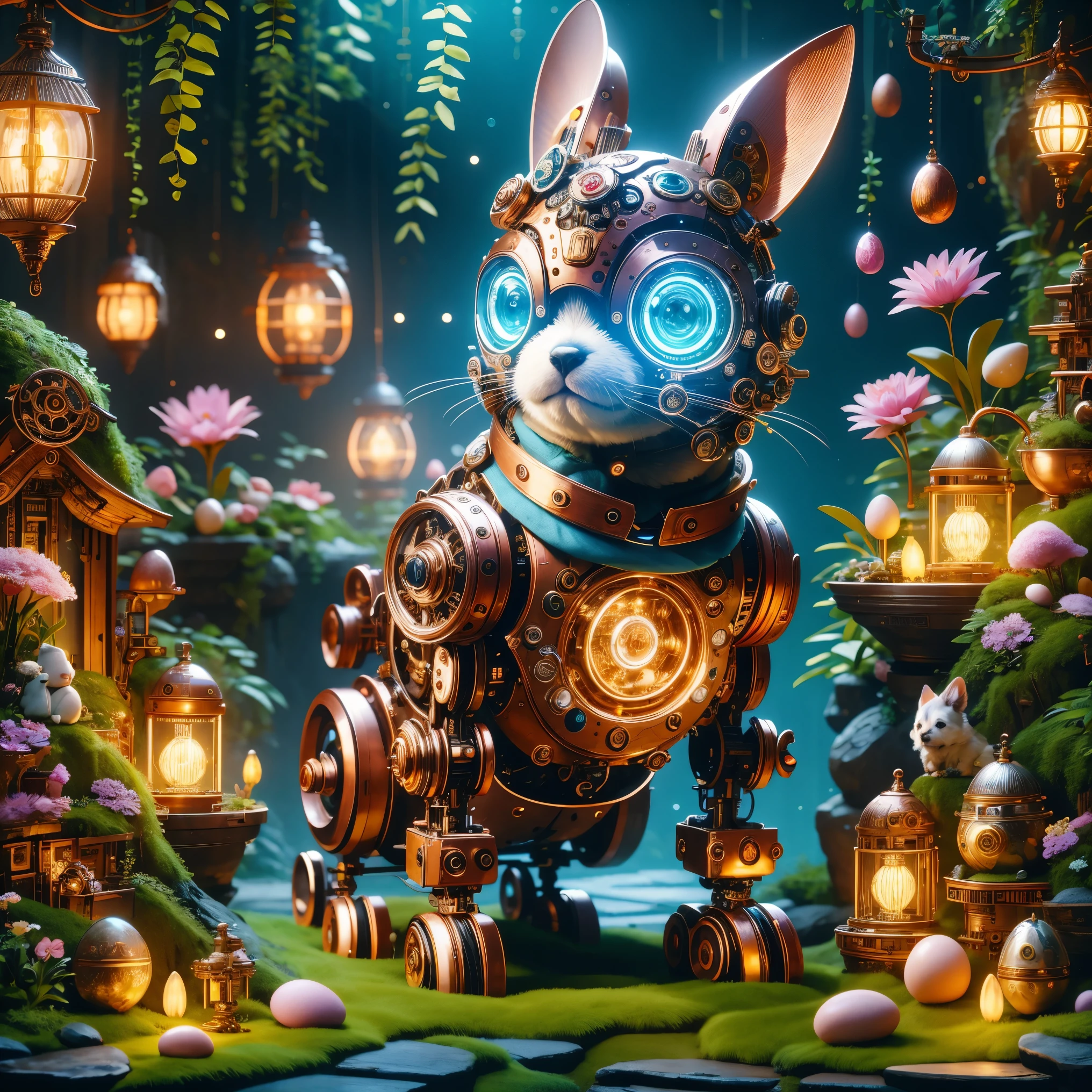 A cute mechanical puppy，Its body is made of exquisite copper and silver parts。Its eyes are like two glowing gems，transparent，Under the illumination of neon lights，Create a sparkling effect together with high-precision mechanical components。Surrounded by exotic plants，Create a mysterious and fantasy atmosphere。The scene combines traditional themes with a futuristic steampunk style，Showcasing puppy&#39;s intricate designs and magical garden settings。