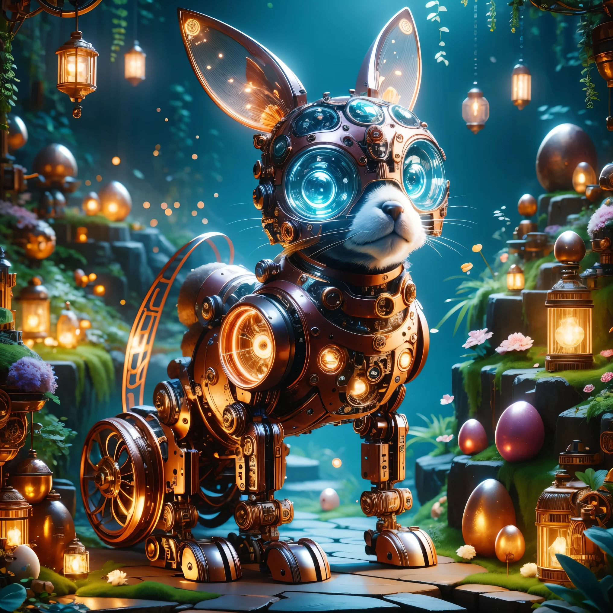 A cute mechanical puppy，Its body is made of exquisite copper and silver parts。Its eyes are like two glowing gems，transparent，Under the illumination of neon lights，Create a sparkling effect together with high-precision mechanical components。Surrounded by exotic plants，Create a mysterious and fantasy atmosphere。The scene combines traditional themes with a futuristic steampunk style，Showcasing puppy&#39;s intricate designs and magical garden settings。