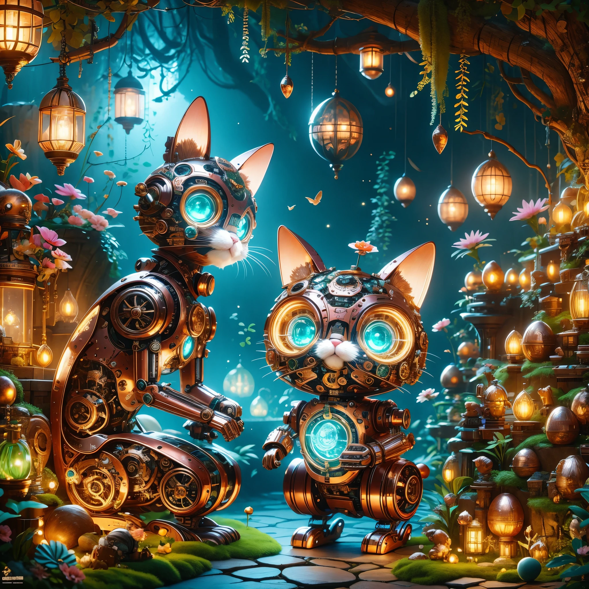 A cute mechanical kitten，Its body is made of exquisite copper and silver parts。Its eyes are like two glowing gems，transparent，Under the illumination of neon lights，Create a sparkling effect together with high-precision mechanical components。Surrounded by exotic plants，Create a mysterious and fantasy atmosphere。The scene combines traditional themes with a futuristic steampunk style，showcases kitten&#39;s intricate designs and magical garden settings。