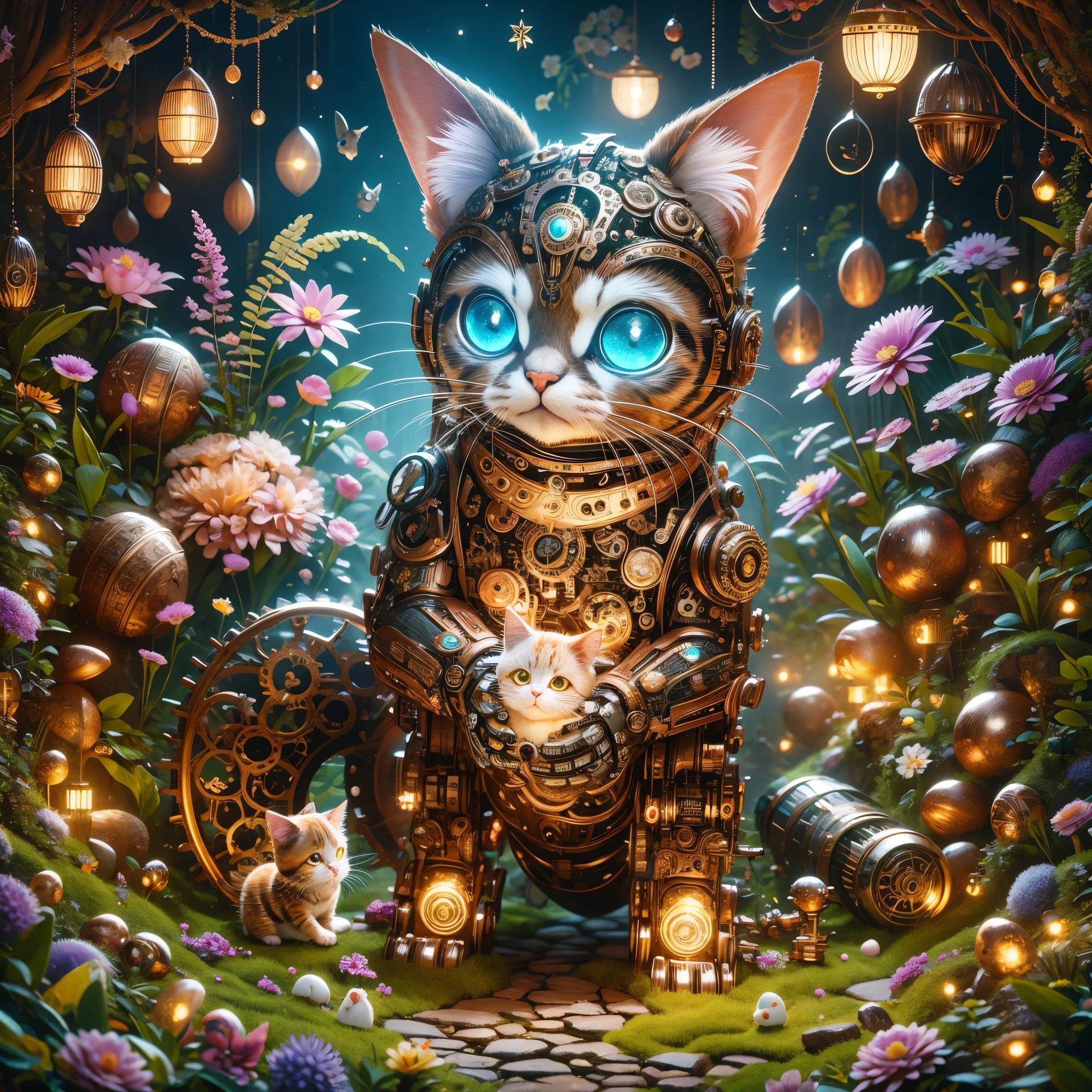 A cute mechanical kitten，Its body is made of exquisite copper and silver parts。Its eyes are like two glowing gems，transparent，Under the illumination of neon lights，Create a sparkling effect together with high-precision mechanical components。Surrounded by exotic plants，Create a mysterious and fantasy atmosphere。The scene combines traditional themes with a futuristic steampunk style，showcases kitten&#39;s intricate designs and magical garden settings。