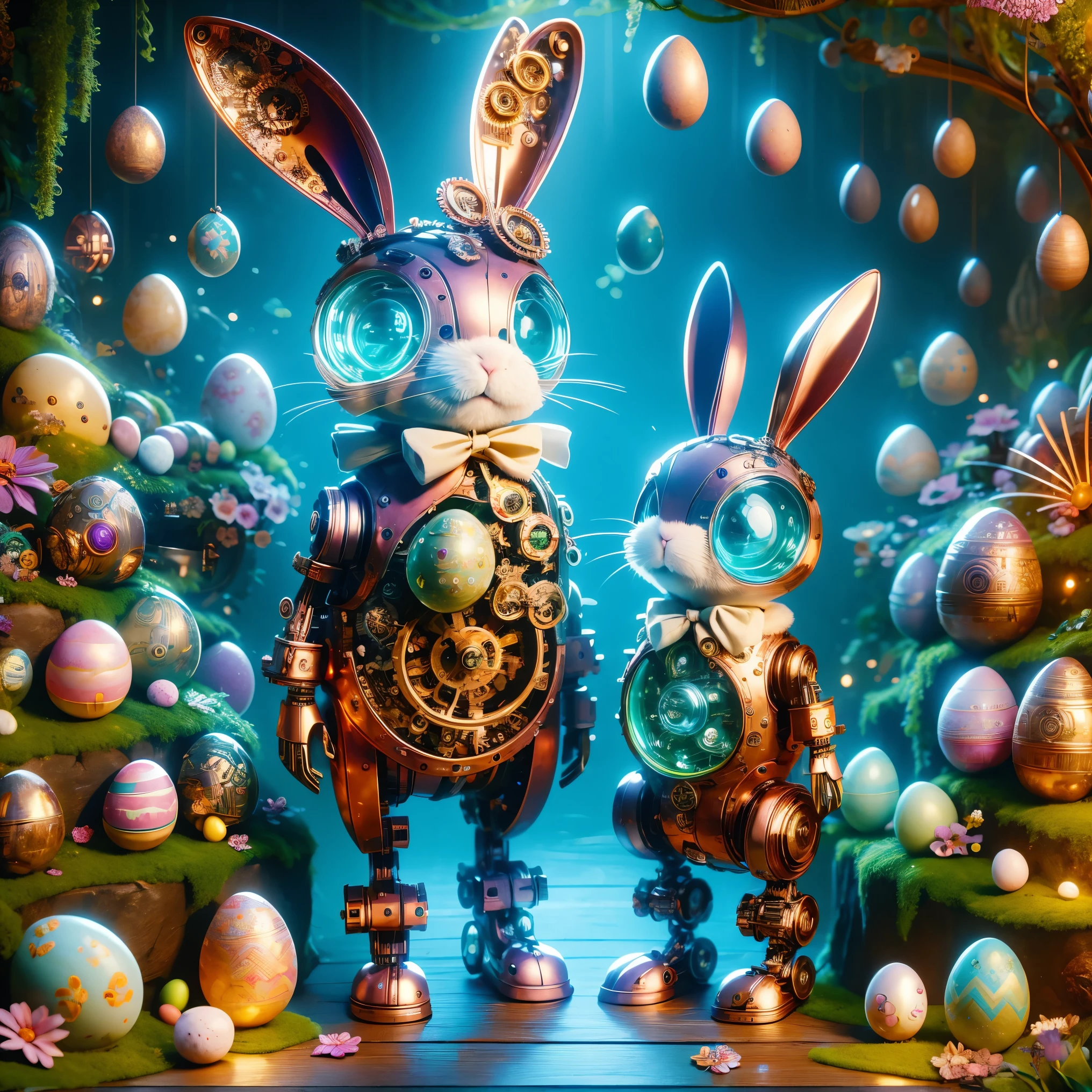 (masterpiece, best quality:1.2), easter style, A cute mechanical bunny dressed in easter style, Made of exquisite copper and silver components，Eyes like glowing gems, Stand in a fantasy garden full of steampunk Easter elements. Rabbit holding an easter egg，Surrounded by exotic plants and Easter eggs. Rabbit&#39;s body shines in neon lights, Demonstrate the high precision of its mechanical components. The scene incorporates elements of whimsy, science and technology, and tradition, Create a unique and imaginative environment for Easter.