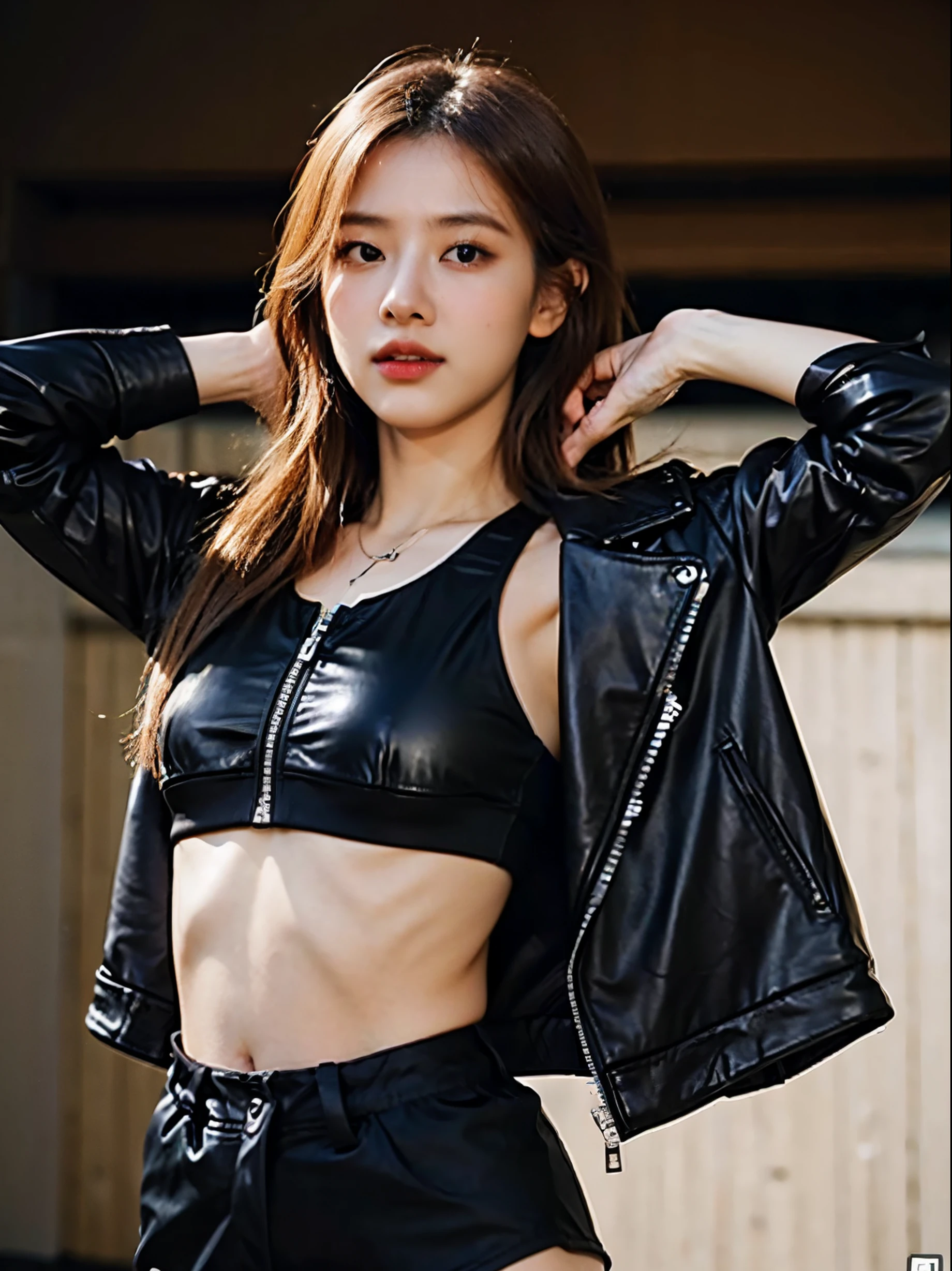 (8k、RAW Photos、top-quality、​masterpiece:1.2)、(realistic Photo-realsitic:1.37)、1girl in、japanese, 18-years old, long black beautiful hair, face lights, Detailed face、Detailed lips, (wearing a black faux leather jacket over sports bra:1.5), seductive pose, open jacket, (showing her right armpit:1.5), slight trace of nipples behind bra, 