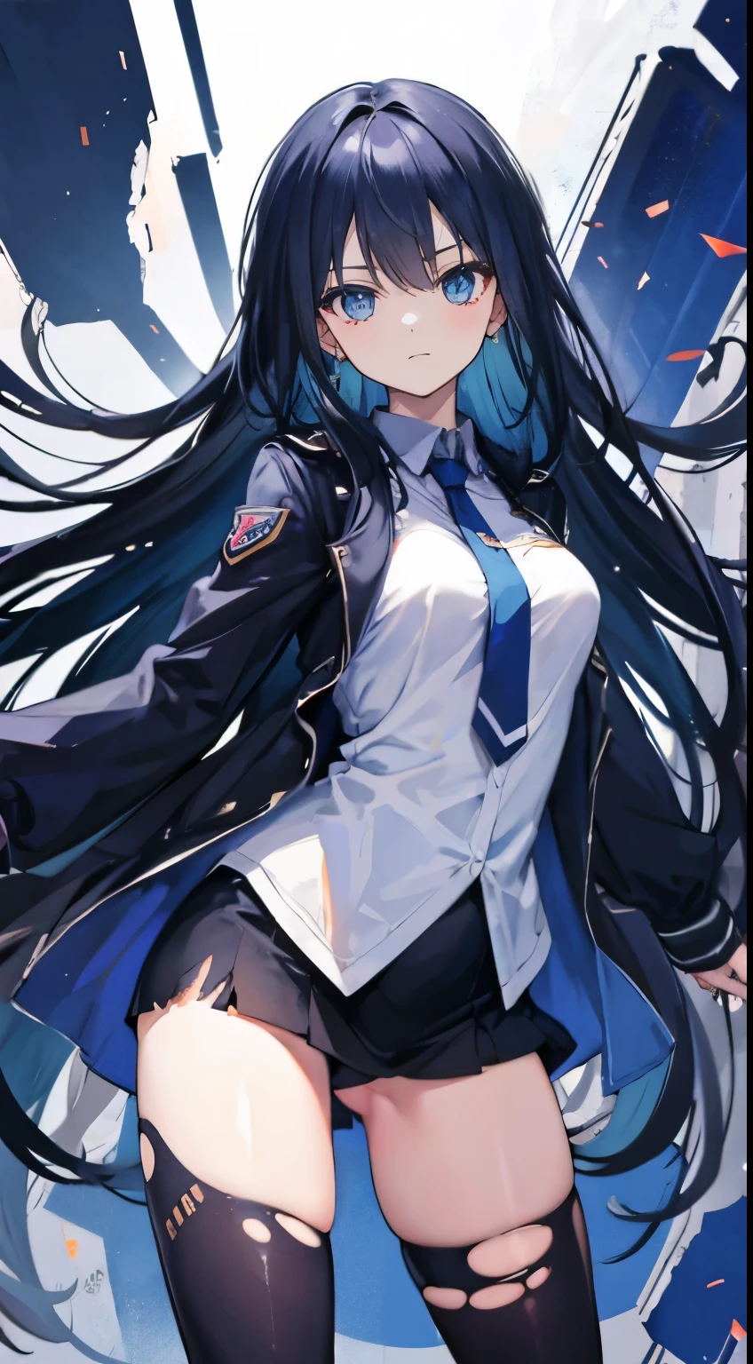 no background,girl,torn clothes,tights,dark blue long hair,blue eyes