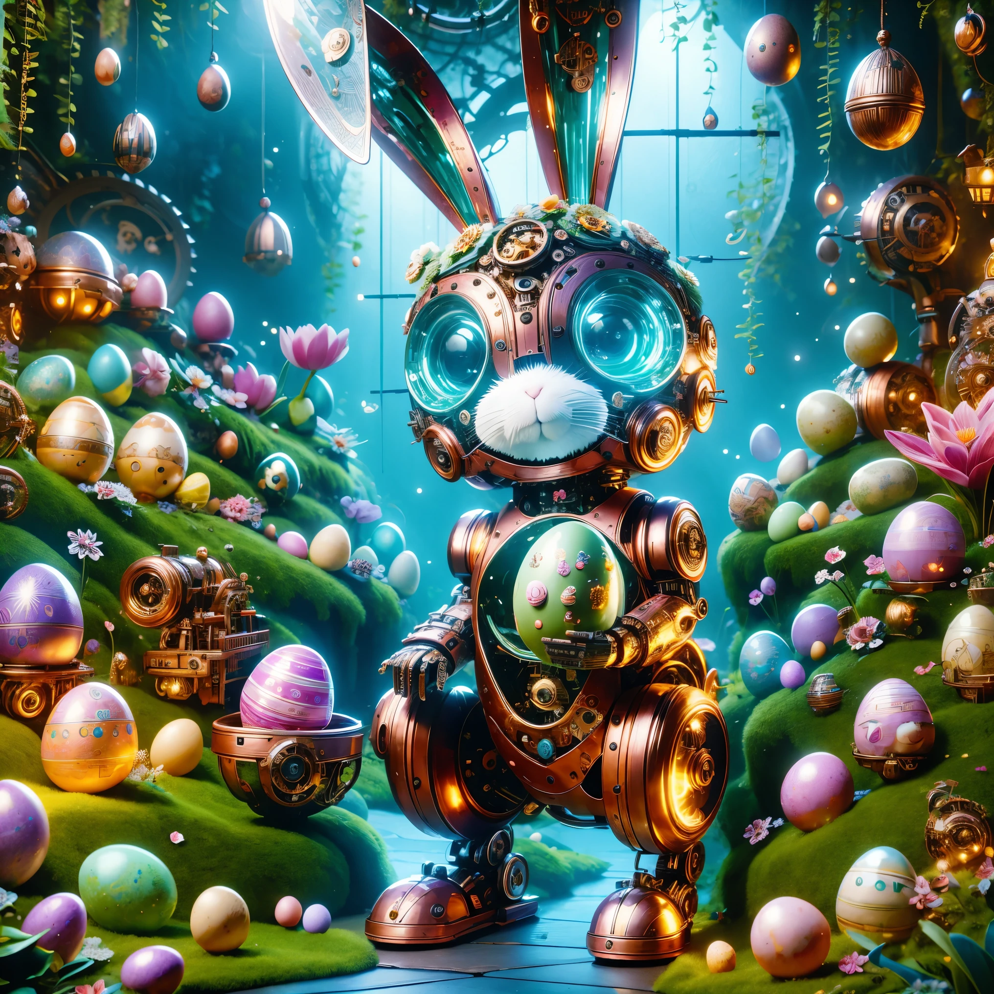 (masterpiece, best quality:1.2), Easter style, A cute mechanical bunny dressed in Easter style, made of exquisite copper and silver parts with eyes like glowing gems, stands in a fantasy garden filled with steampunk Easter elements. The bunny holds an Easter egg and is surrounded by exotic plants and Easter eggs. The body of the bunny glows transparently under neon lights, showcasing the high precision of its mechanical parts. The scene combines elements of whimsy, technology, and tradition, creating a unique and imaginative setting for Easter.