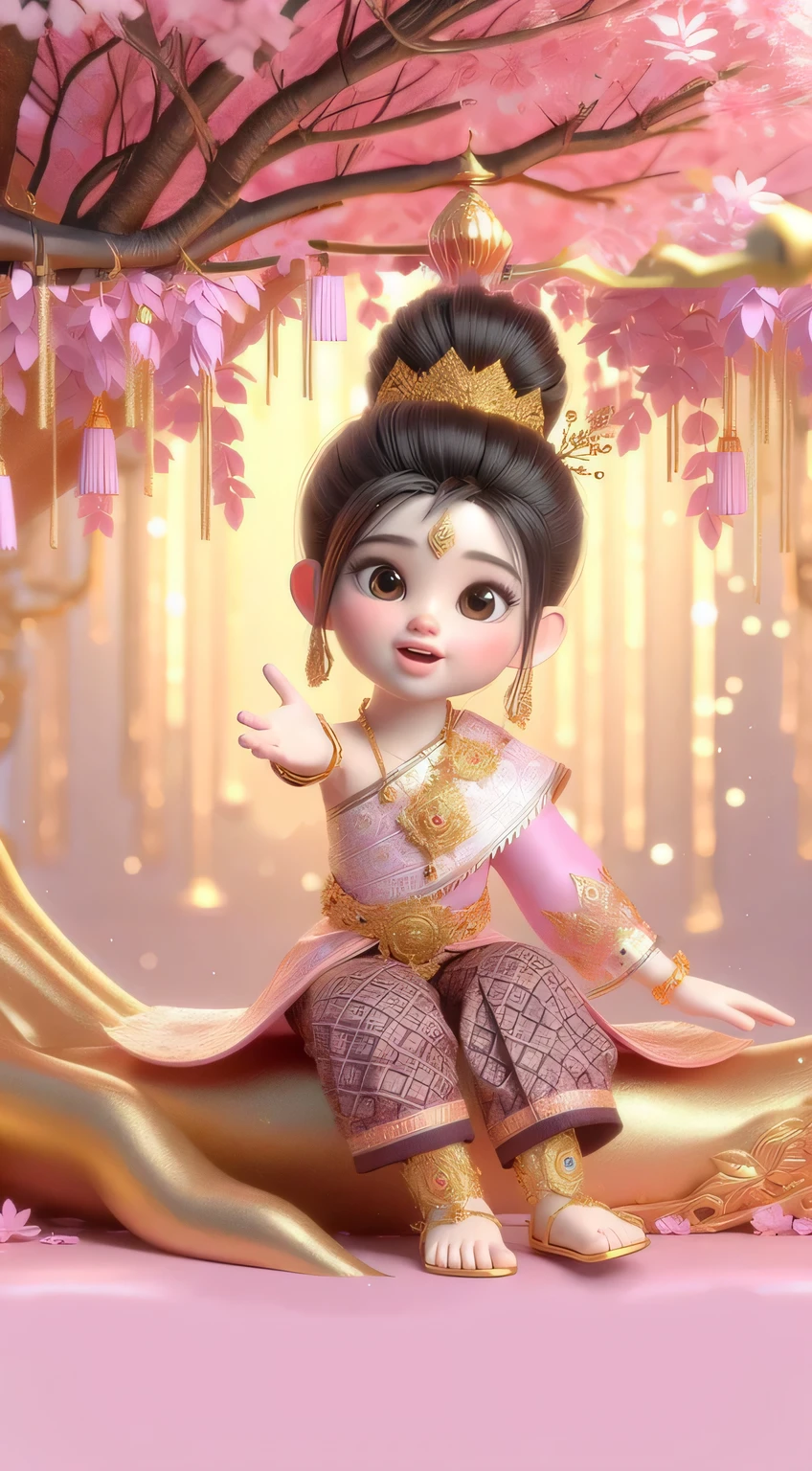 1 girl, Sitting and watching over the tree,full tree, Wear Thai clothes like a , 3D, beckon, gold pink background