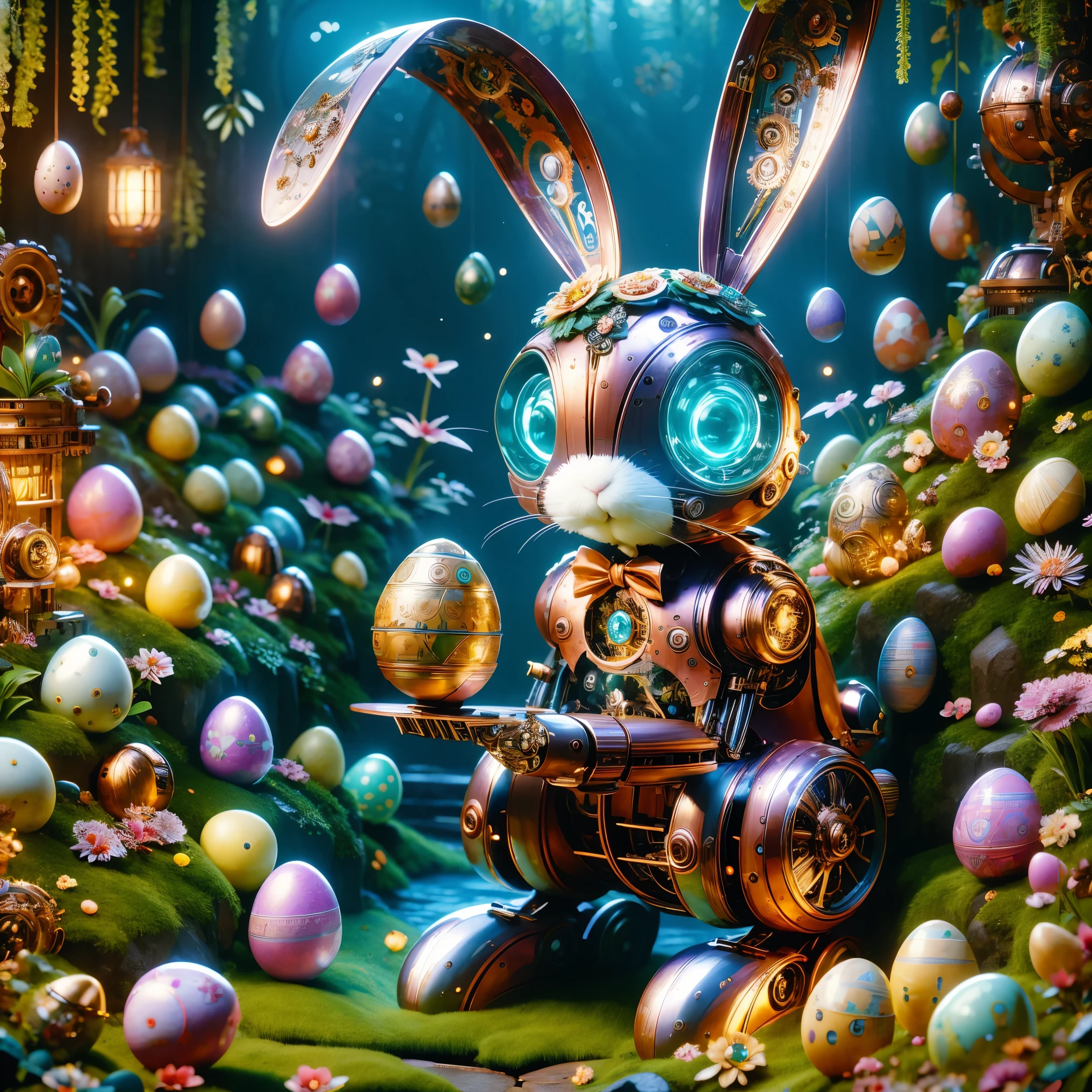 (masterpiece, best quality:1.2), Easter style, A cute mechanical bunny dressed in Easter style, made of exquisite copper and silver parts with eyes like glowing gems, stands in a fantasy garden filled with steampunk Easter elements. The bunny holds an Easter egg and is surrounded by exotic plants and Easter eggs. The body of the bunny glows transparently under neon lights, showcasing the high precision of its mechanical parts. The scene combines elements of whimsy, technology, and tradition, creating a unique and imaginative setting for Easter.