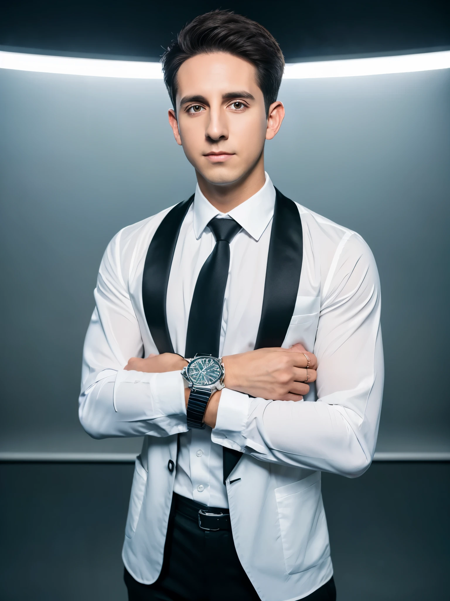 1man,
 a 30 y.o muscular male wearing long-sleeve white shirt and tie, with a watch, upper body, 1girl wearing black dress and blazer,
in camera studio with 3 flash, soft lighting, 
masterpiece, best quality, 8k uhd, dslr, film grain, Fujifilm XT3 photorealistic painting art by midjourney and greg rutkowski