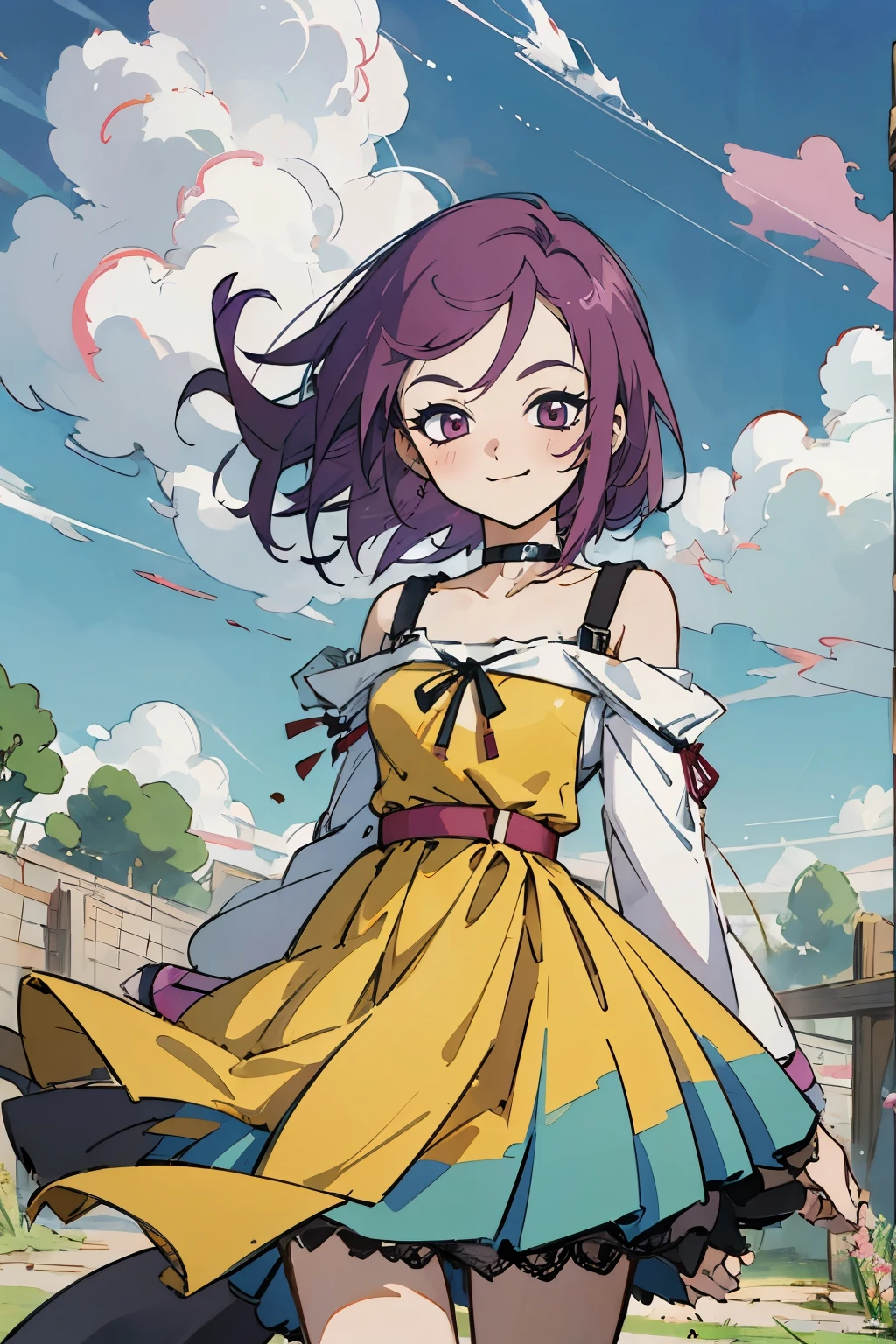 Kisho, jigokuraku, 1 girl, reddish Purple hair, ashen eyes, showa town, Ruins, Bang, Beautiful sky, shining sky, Sunshine, Smiling, Waving, Black Belts, black choker, black dress, Dresses that blow the wind, black Lace dress, wool sweaters, Off-shoulder sleeves