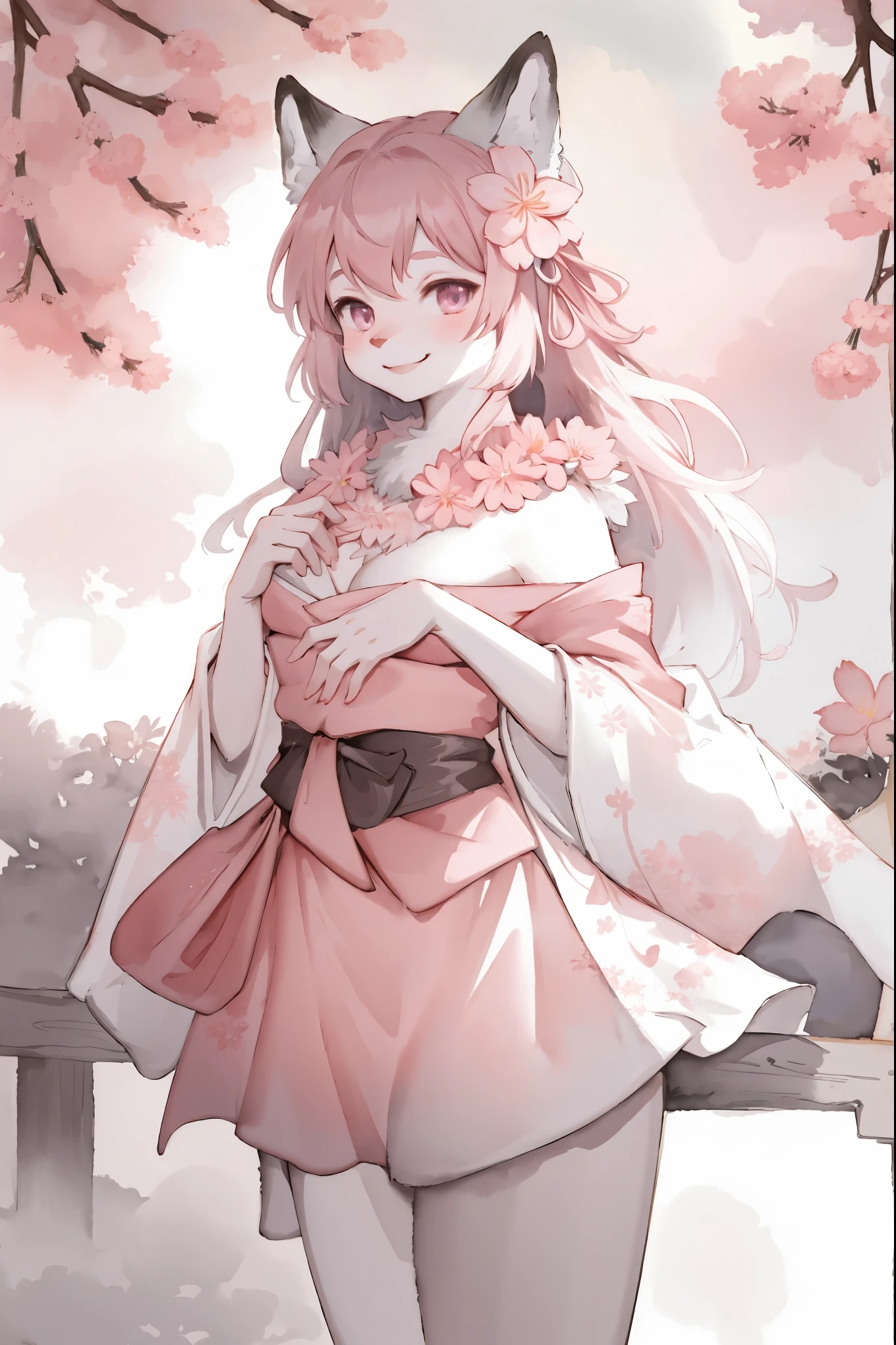 monochrome, watercolor, highres, top quality, best quality, paid reward available, High-quality illustrations, unparalleled masterpiece, perfect artwork, absurdres, 1girl, kemono, furry, detailed body fur, animal face, animal hand, Archaic Smile, holding a cluster of pink flower in both hands, which are positioned at chest level, She is wearing a simple ring on the ring finger of her left hand, unfocused spread of pink flower, fan-created work shared on platforms Pixiv or Twitter,