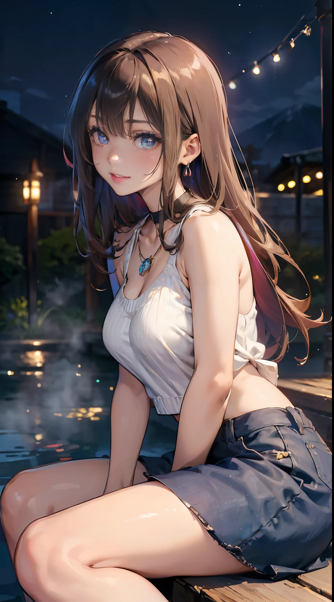 (masutepiece: 1.3), (max resolution: 1.2), (Ultra HDTV: 1.2), cinematric light, Ultra HDTV, (Detailed eyes and skin), (detailed facial features), nffsw, 8K resolution, Sharp Focus: 1.2, Perfect Style, Beautiful face, Perfect body, precise, Anatomically correct, Highly detailed face and skin texture, Detailed eyes, Dark-blue eyes, Double eyelids, Thin eyebrows, Glitter Eyeliner: 1.2, Natural cheeks, Glossy skin, Fair skin: 1.2, shiny little necklace and earrings, (Glossy lips: 1.4), BREAK, One-person viewpoint, (She is a very cute female teacher), (Pink lace panties), (Seductive smile: 1.2), ((a Innocent and cute girl:1.3)), (Long Wave Hair), (ligh brown hair:1.2), (Cowboy Shot: 1.2), BREAK, ((Very intimate relationships: 1.2)), medium large breasts, ((Looking at Viewer:1.2)), ((Hot spring trip:1.2)), ((Bend your knees and open your legs wide:1.2)), (From Side:1.2),low angle shot,Sleeveless sweater Tight jeans skirt