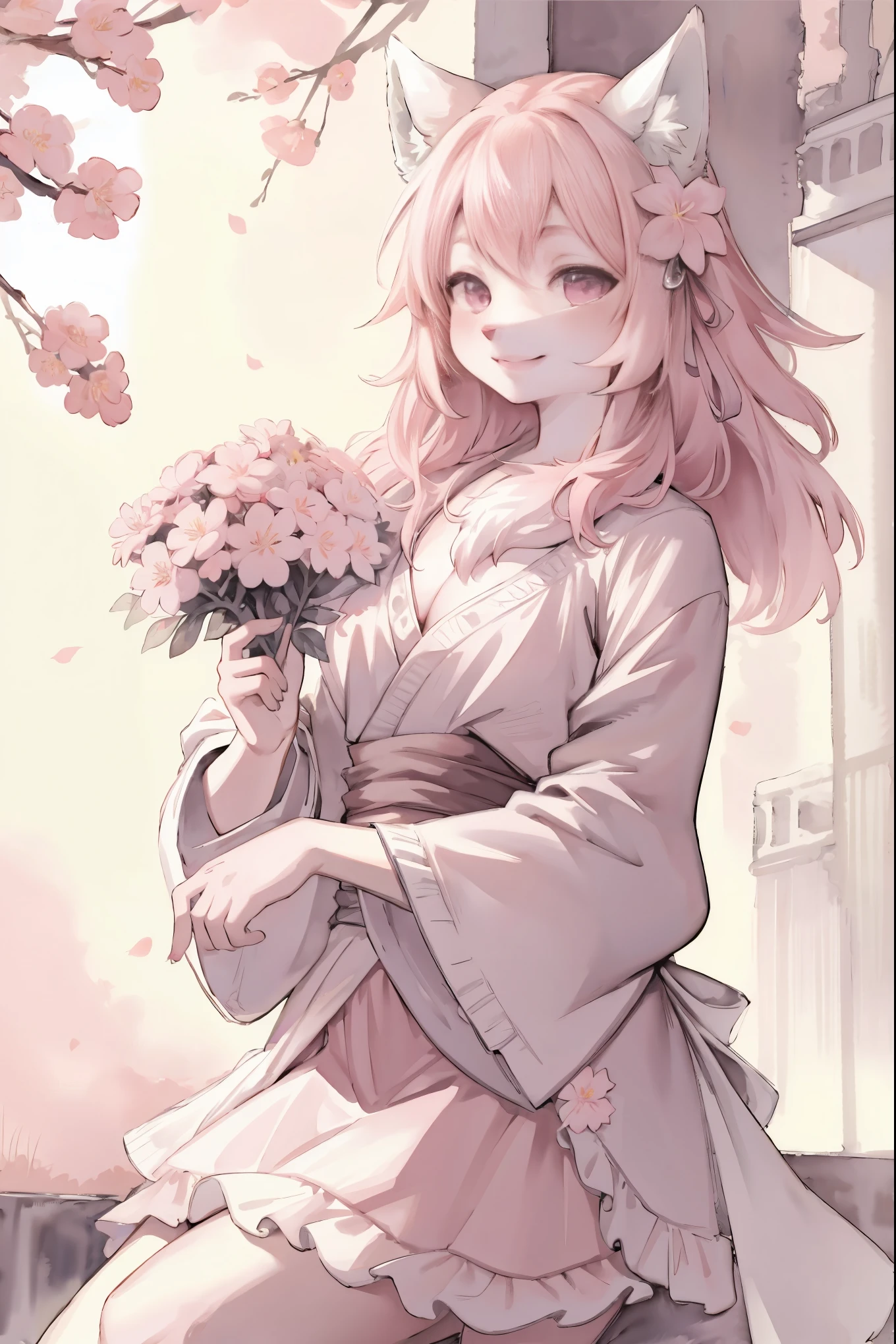 monochrome, watercolor, highres, top quality, best quality, paid reward available, High-quality illustrations, unparalleled masterpiece, perfect artwork, absurdres, 1girl, kemono, furry, detailed body fur, animal face, animal hand, Archaic Smile, holding a cluster of pink flower in both hands, which are positioned at chest level, She is wearing a simple ring on the ring finger of her left hand, unfocused spread of pink flower, fan-created work shared on platforms Pixiv or Twitter,