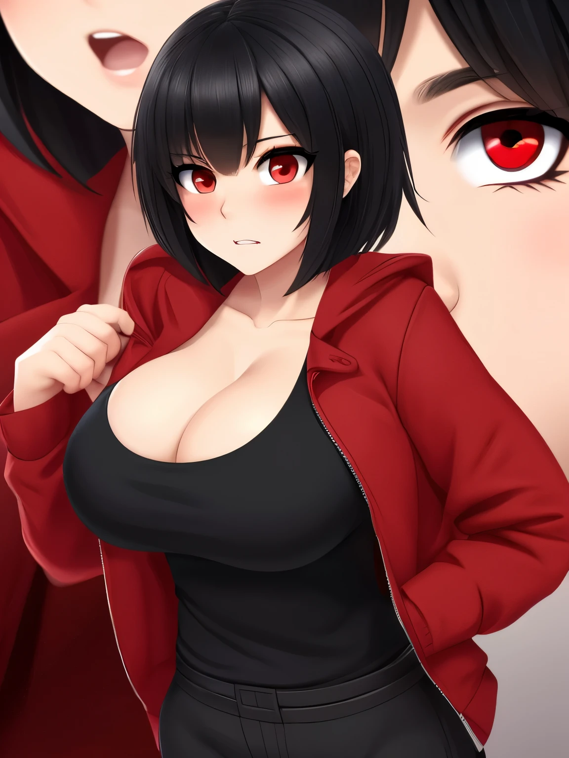 1female,black hair,short hair,red eyes, Looking at viewer,shock expression,close up photo,focus on face,red jacket,black tanktop, big breasts,blush, black trousers, ultra detail, ultra HD