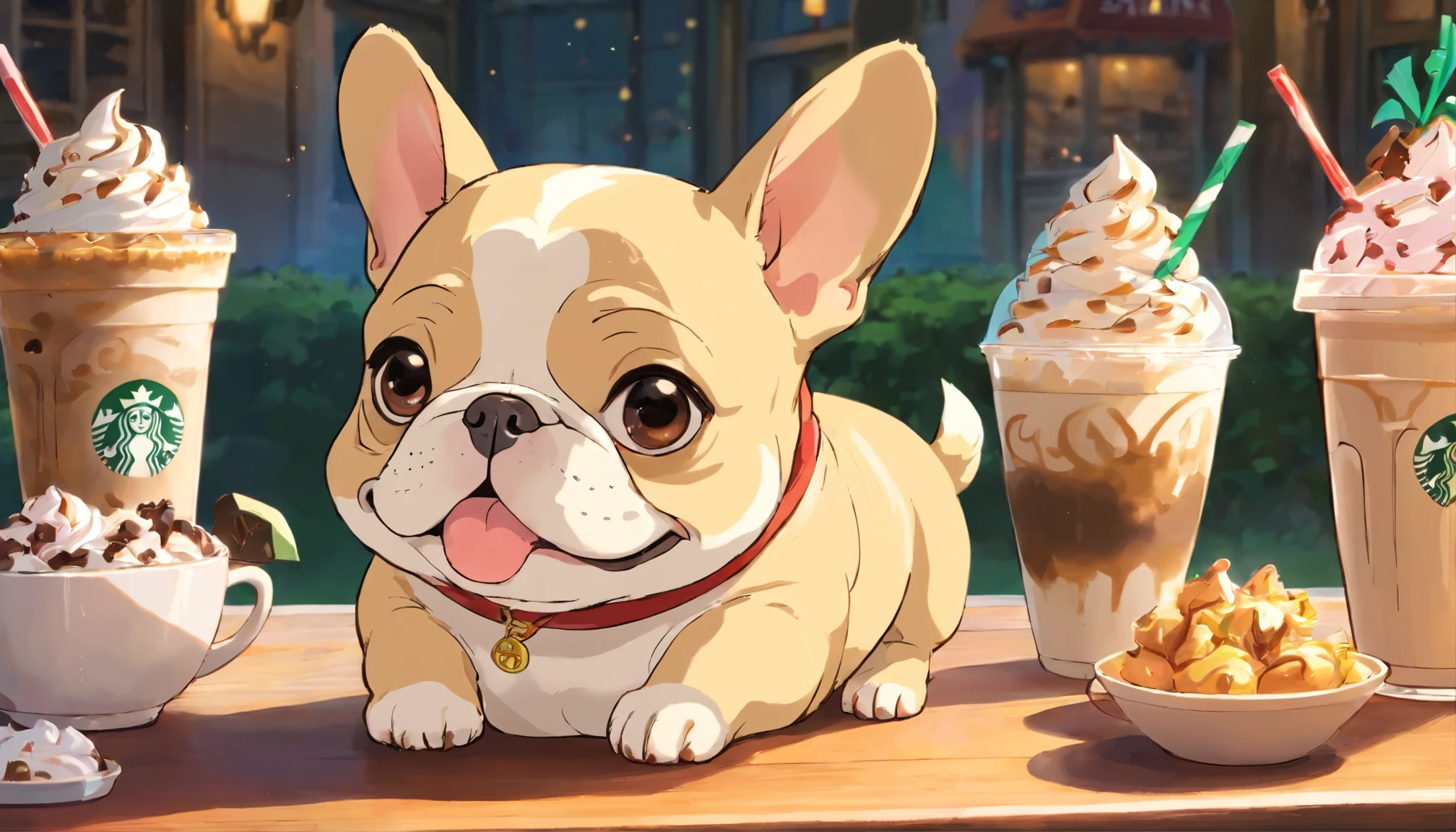 Unique, Cute French bulldog-shaped cup with a playful cartoon look, Colorful Starbucks-style frappuccino.