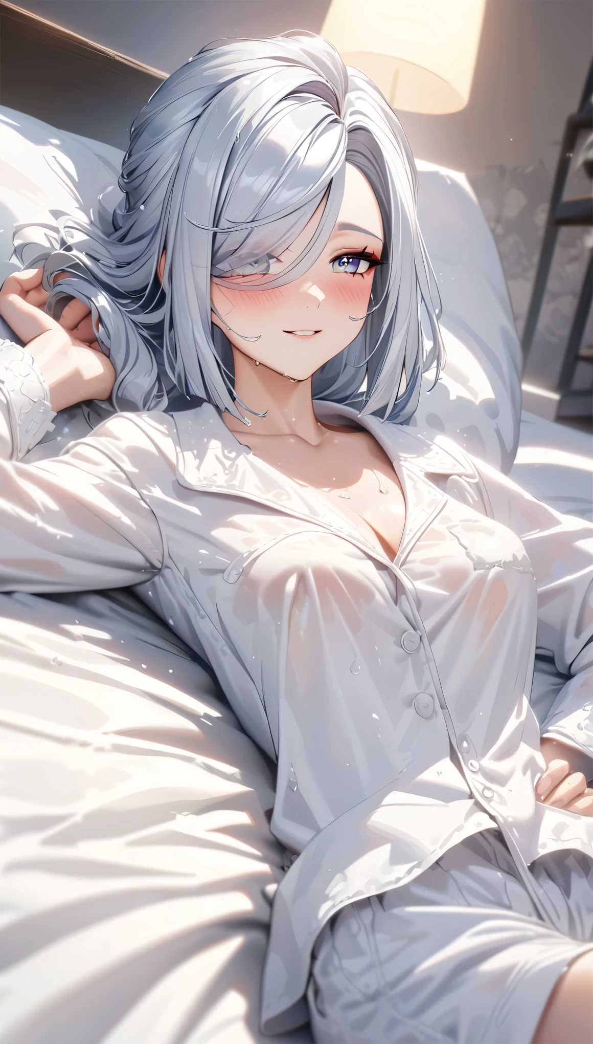 shenhe, long grey hair, beautiful face,smiling,close up to hips, moderate breast:1.1, laying on a bed,wearing white pajamas, (open mouth:0.4),illustration,detailed textures,ultra-detailed(realistic),portrait style,vivid colors,soft lighting. blushing,, wet body