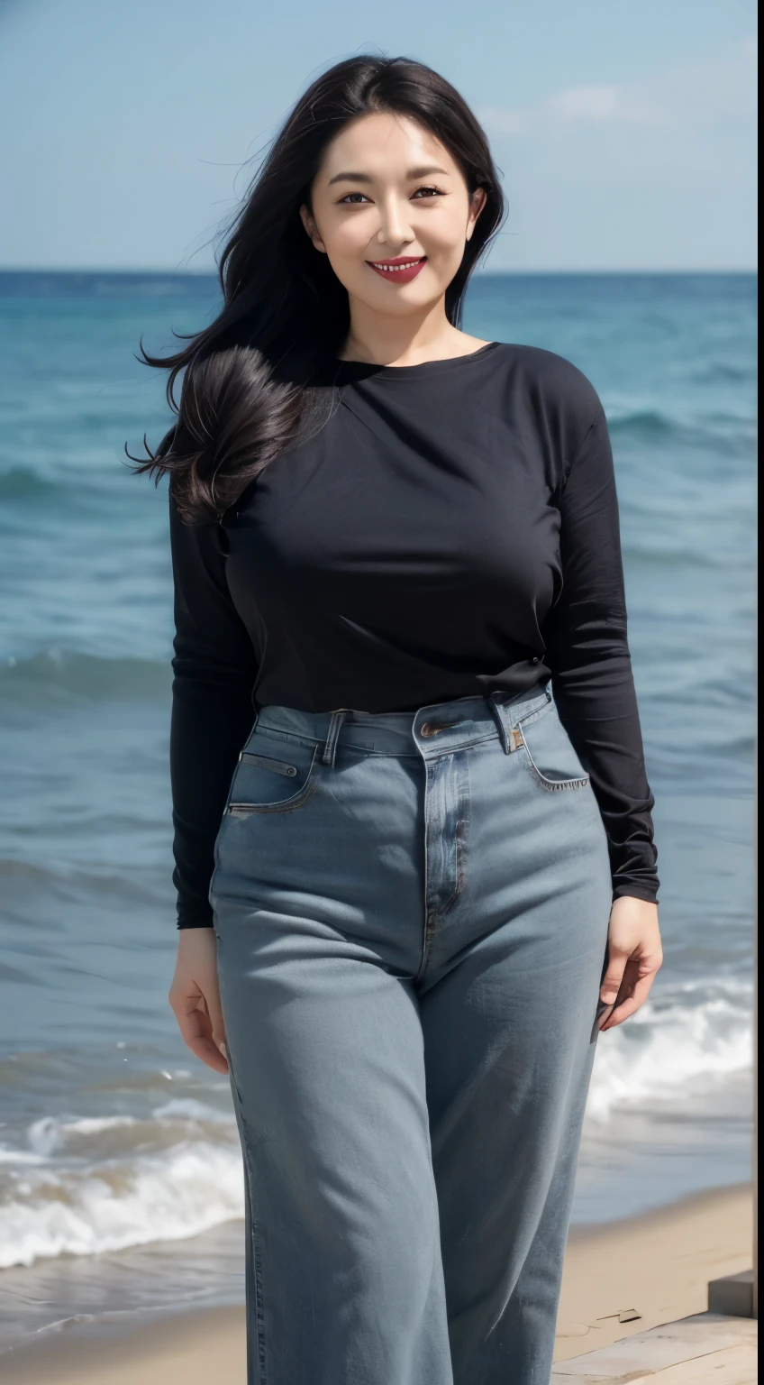 ((top quality、8k、masterpiece:1.3))、sharp focus, High level of image quality, high resolution，,gray shirt，，black jeans，37-year-old woman with long wavy hair，Mature，charming smile，Draw lips correctly, red lipstick，stand，Slightly fat，Big breasts，beach background，full-body shot