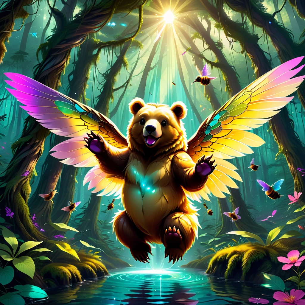 High Resolution, High Quality, Masterpiece . Fantasy digital art capturing a whimsical Hummingbear, characterized by the bulk of a bear combined with the delicate wings and Trunk, caught mid-mischievous action hovering over a beehive, with oversized paws slick with stolen honey, vivid hues of ursine fur blending with iridescent wing feathers, set against the backdrop of an enchanted forest, bathed in dappled sunlight that filters through the dense canopy, ultra-fine, with a digital artistry