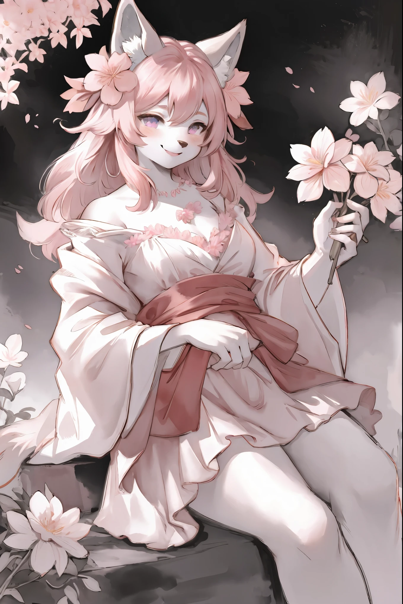 monochrome, watercolor, highres, top quality, best quality, paid reward available, High-quality illustrations, unparalleled masterpiece, perfect artwork, absurdres, 1girl, kemono, furry, detailed body fur, animal face, animal hand, Archaic Smile, holding a cluster of pink flower in both hands, which are positioned at chest level, She is wearing a simple ring on the ring finger of her left hand, unfocused spread of pink flower, fan-created work shared on platforms Pixiv or Twitter,