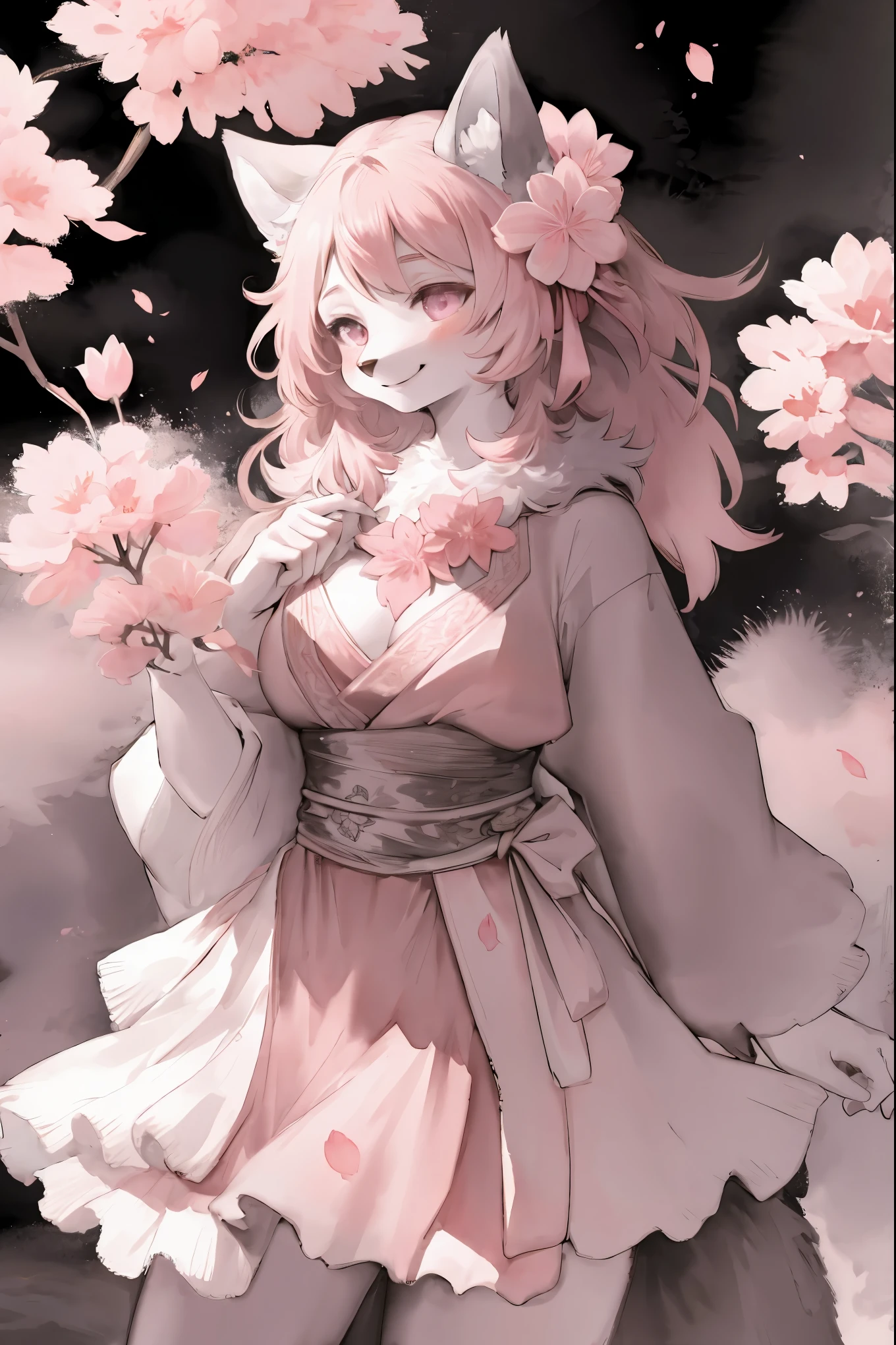 monochrome, watercolor, highres, top quality, best quality, paid reward available, High-quality illustrations, unparalleled masterpiece, perfect artwork, absurdres, 1girl, kemono, furry, detailed body fur, animal face, animal hand, Archaic Smile, holding a cluster of pink flower in both hands, which are positioned at chest level, She is wearing a simple ring on the ring finger of her left hand, unfocused spread of pink flower, fan-created work shared on platforms Pixiv or Twitter,