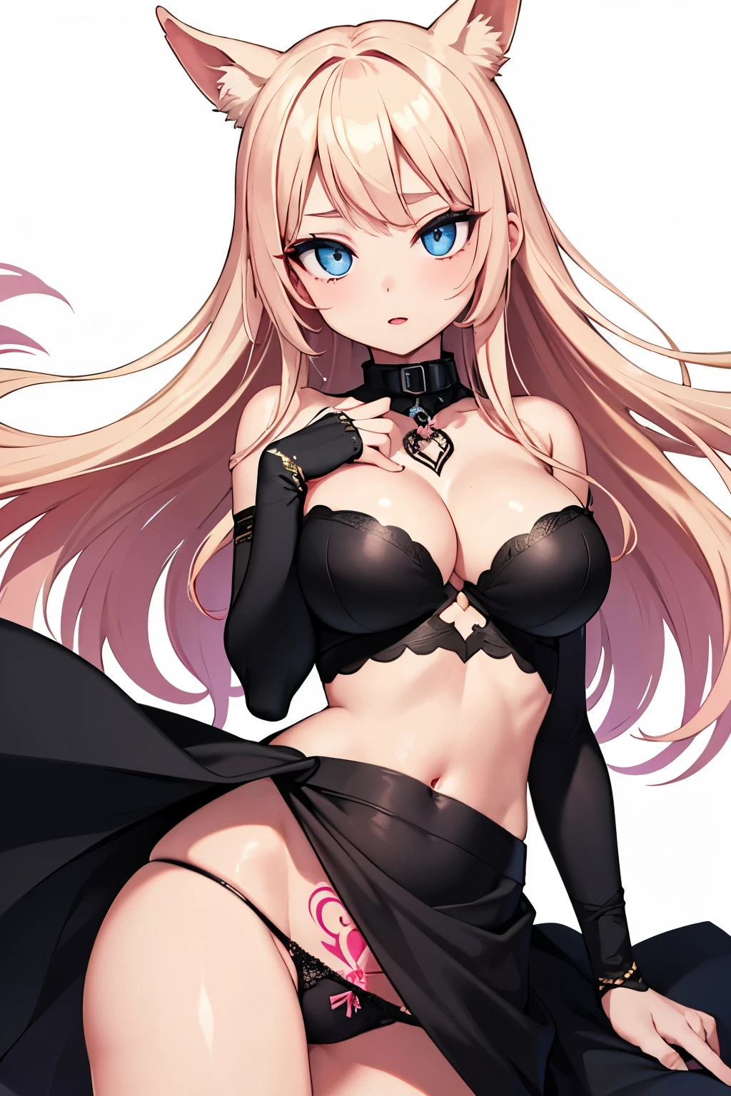 1girl, anime, cute girl, blank background, white background, fantasy, detailed fantasy dress with highlights, beautiful face, beautiful eyes, dark colors, pink hair with some streaks of blue strands, different color pupil in eye, medium small breasts (slightly big), slight cleavage, beautiful skin, cute, breast curtains, extremely delicate and beautiful, (beautiful detailed face:1.0), (detailed deep eyes), symmetrical breasts, deep eyes, shiny skin, portrait, slender waist, hips wider than shoulders, thighs, expressionless, young girl, luminous eyes, adorable，（Kpop idol）,（aegyo sal：1），（Platinum blonde hair：1），（（puffy eye）），Black panty，sexy posture，Superskirt, ultra high resolution，Black collar，slim figure, Abdominal y tattoo, womb tattoo，Tight-fitting leg ring，y tattoo on half-body，Bare skin, Armored hand，Hidden fingertips，Hand covered，Arm covered，Fist covered,{{beautiful detailed fingers}}, tufts of hair, moderate beautiful breast:1.0,