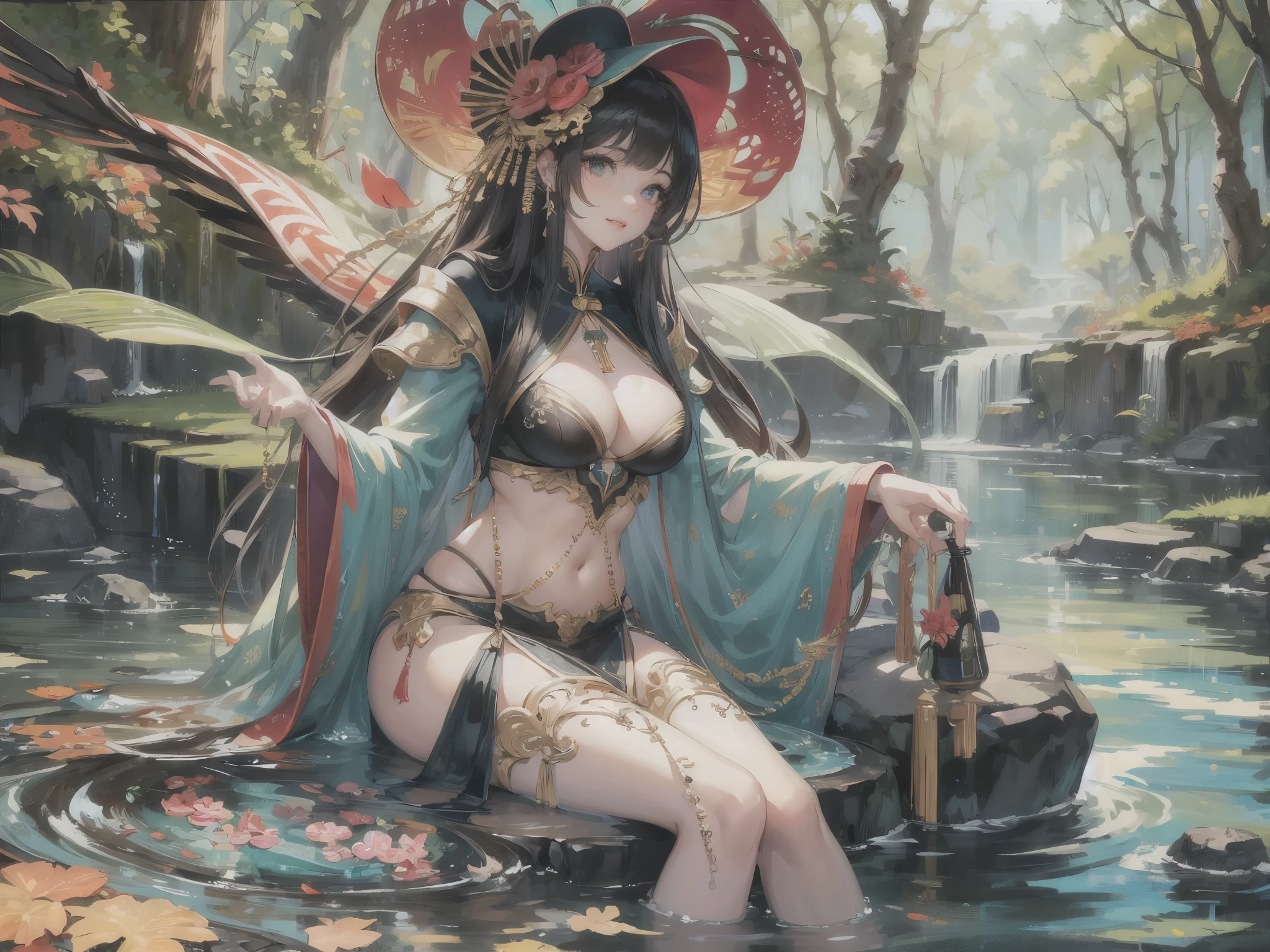 ((highest quality)),(ultra high resolution),(Super detailed),(detailed description),((best CG)),(best work of art),super precision art,amazing drawing art,(Fantasy art with precise details:1.5), (woman:1.6),(beautiful and well-shaped face:1.5),smile:1.7,(Clothes made of intricately detailed cloth:1.6,),(Sitting on a big rock:1.6),brook babbling:1.7,soft sunlight:1.8,Birds and animals gathered together