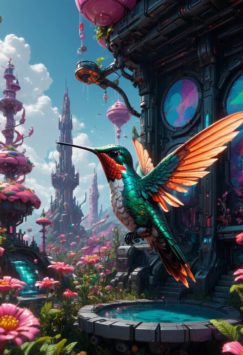 Pixel art, Hummingbird, shadow play, in candyland, dark fantasy concept art, (best quality, masterpiece, Representative work, official art, Professional, Ultra intricate detailed, 8k:1.3)