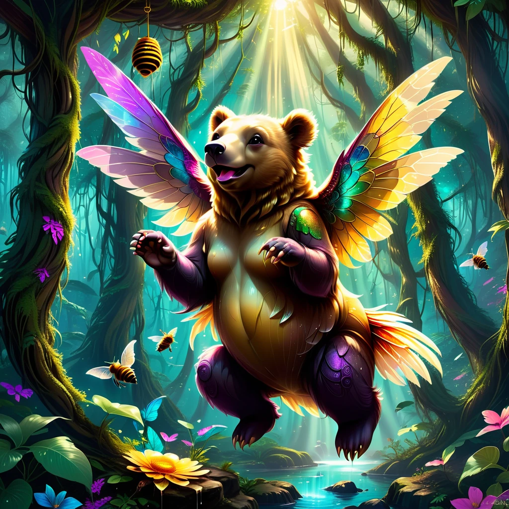 High Resolution, High Quality, Masterpiece . Fantasy digital art capturing a whimsical Hummingbear, characterized by the bulk of a bear combined with the delicate wings and Elephant Trunk, caught mid-mischievous action hovering over a beehive, with oversized paws slick with stolen honey, vivid hues of ursine fur blending with iridescent wing feathers, set against the backdrop of an enchanted forest, bathed in dappled sunlight that filters through the dense canopy, ultra-fine, with a digital artistry
