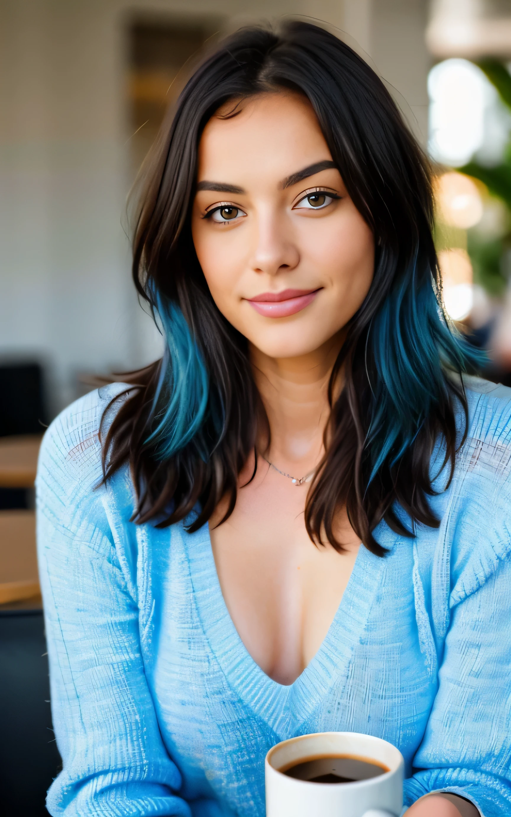beautiful woman with blue hair, who wears a pink sweater (Drinking coffee in a modern cafe at sunset), Sehr detailiert, 21 Jahre alt, Unschuldiges Gesicht, Natural wavy hair, blaue Augen, high resolution, Meisterwerk, best quality, Komplizierte Details, sehr detailliert, scharfer Fokus, detaillierte Haut, Realistisch skin textur, textur, detaillierte Augen, Fachmann, 4k, Charming smile, auf Canon gedreht, 85mm, shallow depth of field, Kodak Vision Color, Perfectly fitting body, extremely detailed, Foto_\(Ultra\), photoRealistisch, Realistisch, Nachbearbeitung, Maximale Detailgenauigkeit, Rauheit, wahres Leben, Ultra Realistisch, Fotorealismus, Fotografie, 8k uhd, Fotografie