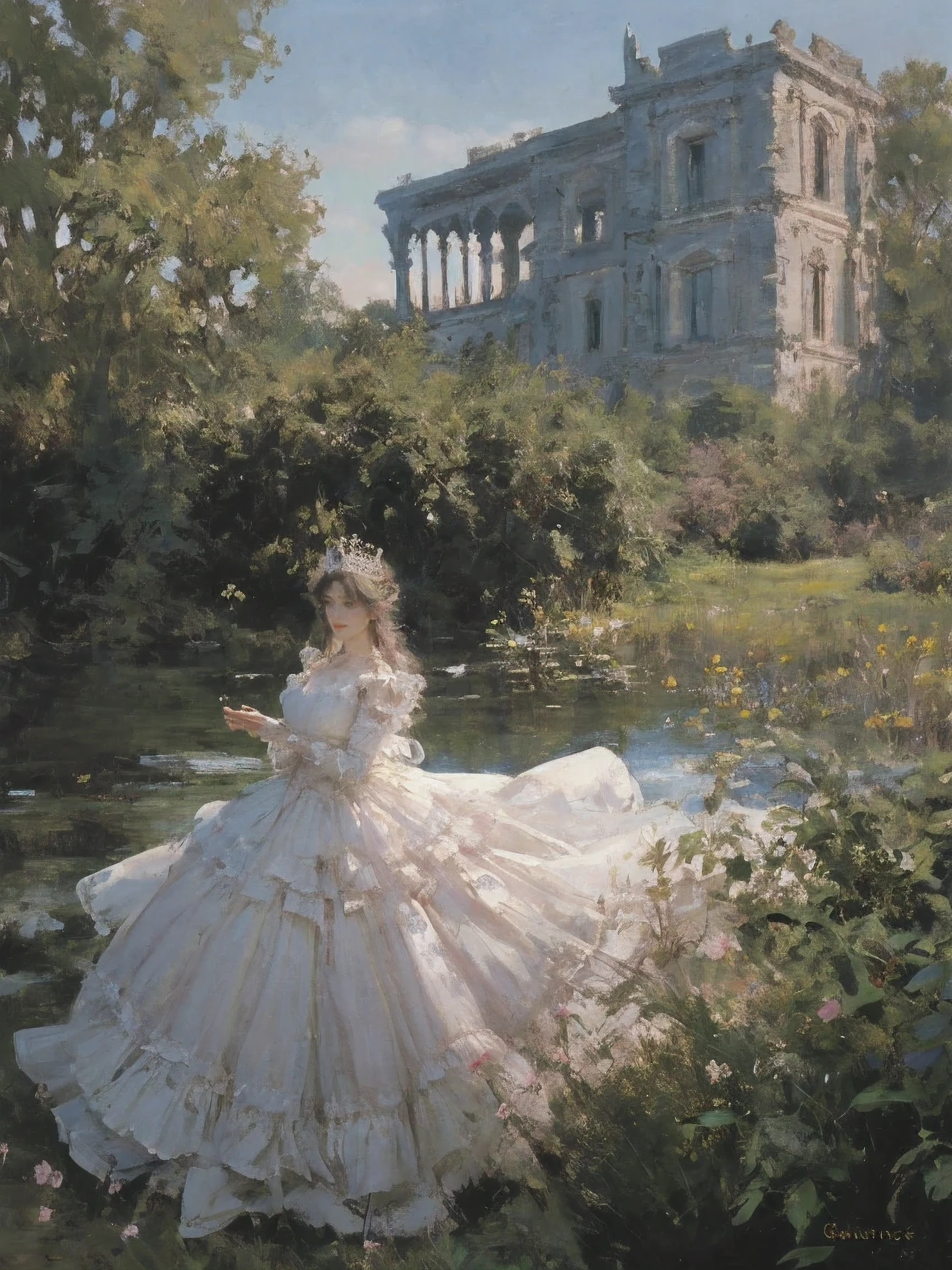  Queen, full body display, leaning on the ruins, There are floating bats around the background. The Queen's expression  enchanting, Her pose is seductive, her hands cupping her face, Fel runes flash in the background, Blood mist fills the air, and soft light. black stockings. official art, Unit 8k wallpaper, super detailed, Beautiful and beautiful, masterpiece, best quality, Very detailed, dynamic angle, Cardboard, radius, brightness, cowboy shooting, Chaos in its most beautiful form, elegant, brutalist design, visual color, romanticism, by James Jean, Robbie Devi Antonio, span, French bacon, Michael Mraz, Adrian Genius, Petra Cortright, Gerhard Richter, Takato Yamamoto, Ashley Wood, Atmospheric, notes of ecstasy, Streaming notes are visible, flowers in full bloom, many migrating birds, Deep in the forest, Sunlight, atmosphere, Rich details, full-body shot, shot from above, Shot from below, Detail background, beautiful sky, flowing hair, perfect face, Exquisite facial features, high detail, Smile, Fisheye lens, dynamic angle, dynamic poses,like the moon,1,it is,nature,plan,flowers,tree,Steampunk,semantic transfer,