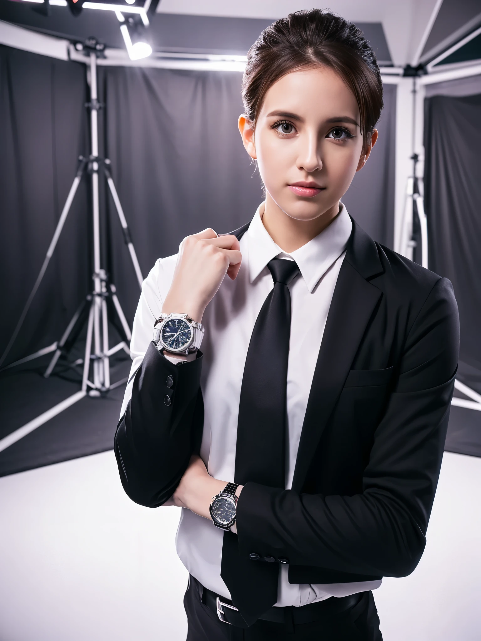 1man,
 a 30 y.o muscular male wearing long-sleeve white shirt and tie, with a watch, upper body, 1girl wearing black dress and blazer,
in camera studio with 3 flash, soft lighting, 
masterpiece, best quality, 8k uhd, dslr, film grain, Fujifilm XT3 photorealistic painting art by midjourney and greg rutkowski