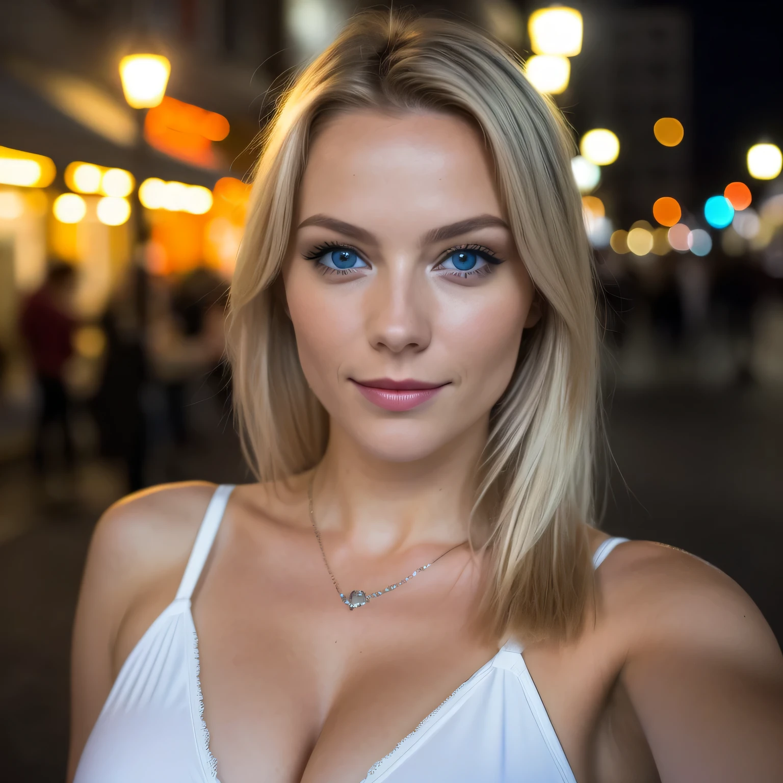 (Selfie, Draufsicht: 1.4), (straight half of the body: 1.4), RAW UHD portrait photo of a 24-year-old blonde (Blue-eyed woman) Eine dunkle Gasse entlanggehen, big boobs,, Stadt bei Nacht, (Rock), (Ausschnitt), Details (Gewebe! , Haar! , Glitzer, Farbe!! , Benachteiligungen: 1.1), shiny eyes with high level of detail (Blick in die Kamera), SLR-Beleuchtung, Spiegelreflexkamera, ultra quality, Sharpness, Depth of field, Filmkorn (Mitte), Fujifilm XT3, kristallklar, Rahmenmitte, Beautiful face, Scharfer Fokus, Streetlight, Neonbeleuchtung, bokeh (schwach beleuchtet), Nacht, (Nachthimmel), Detaillierte Hautporen, Oily skin, Sonnenbrand, Komplexe AugenDetails, full entire body, big 