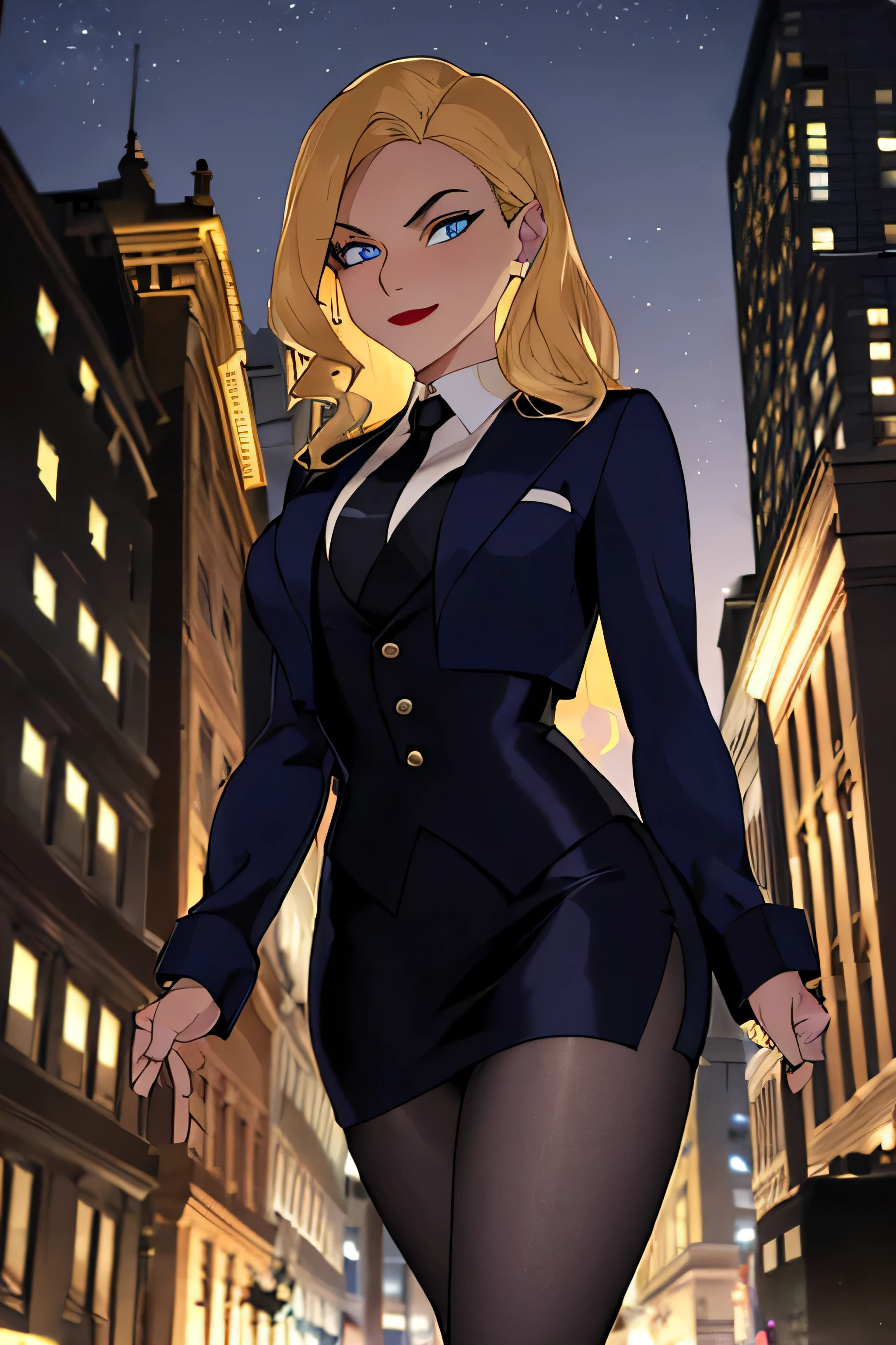 ((masterpiece,best quality)), absurdres,
Black_Canary_JLU, 
solo, smiling, looking at viewer, cowboy shot, 
night sky and city in background, cinematic composition, dynamic pose, skirt suit, suit and tie, (((three-piece suit))), silk dress shirt, shirt and tie, (((necktie))), ((blazer)), ((suit jacket)) ((waistcoat)), ((bodycon miniskirt)), pantyhose, tights, stockings, tie clip, pocket square, tailored suit, (((cufflinks))), 