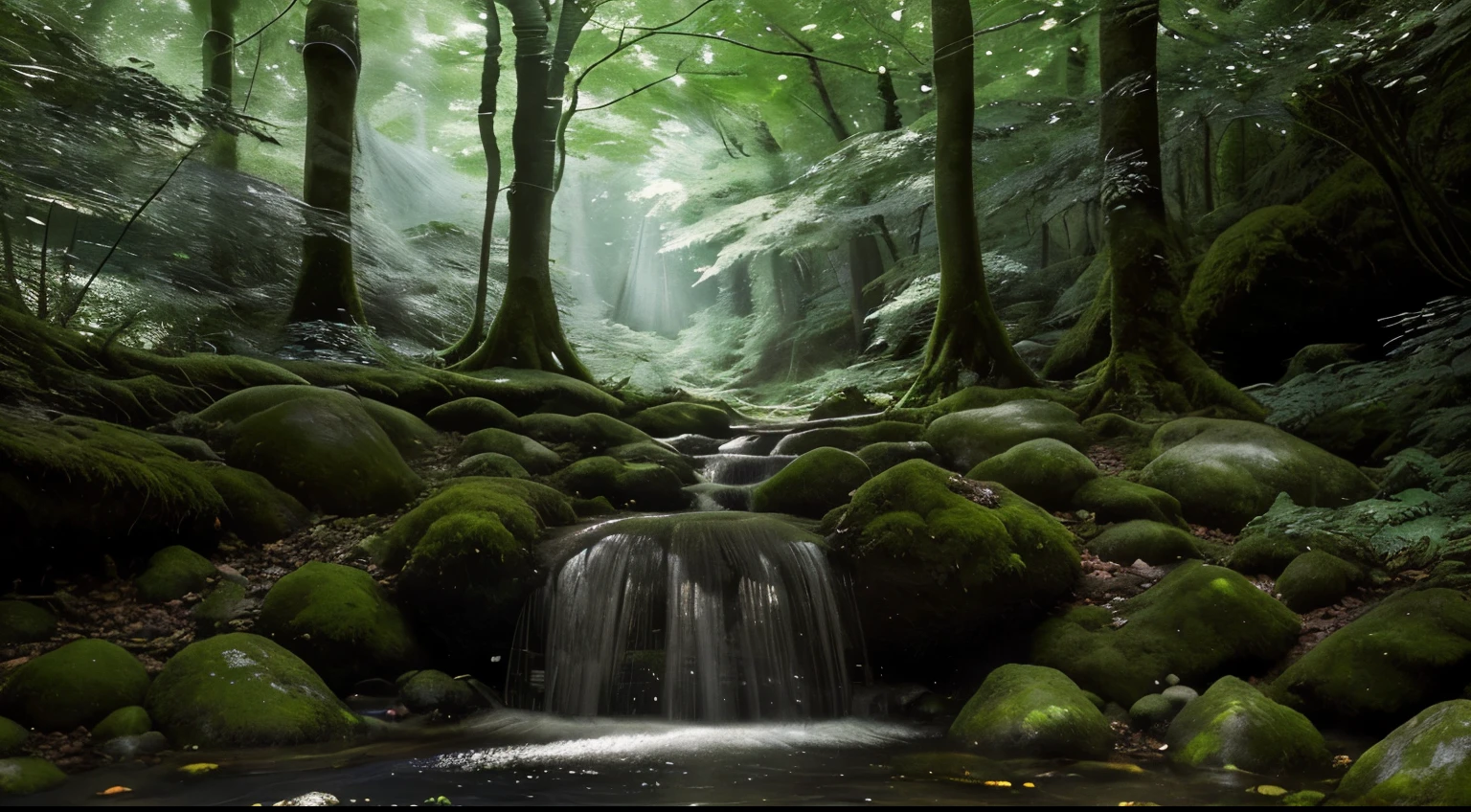 Nestled in a secluded forest grove, tranquility exudes from every detail: sunlight filtering through the canopy, casting dappled shadows on moss-covered stones. The viewer is drawn to a serene scene of a lone deer, gracefully drinking from a crystal-clear stream. This mesmerizing photograph captures the essence of peace and harmony in nature, with vivid colors and exquisite composition that transport the viewer into the heart of the forest.