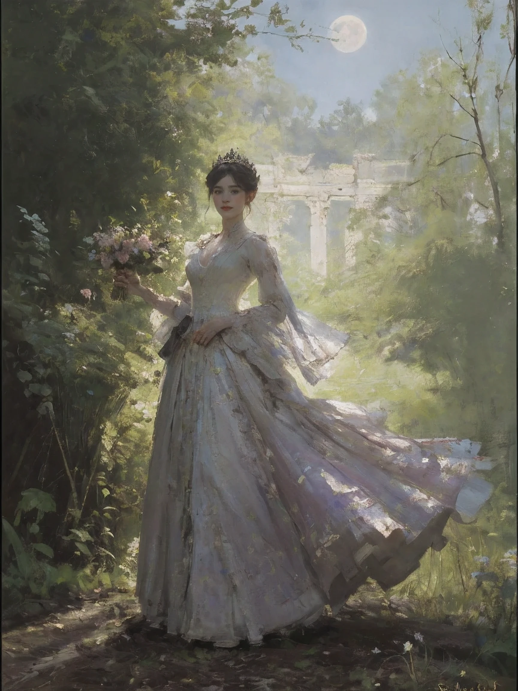 Queen, full body display, leaning on the ruins, There are floating bats around the background. The Queen's expression enchanting, Her pose is seductive, her hands cupping her face, Fel runes flash in the background, Blood mist fills the air, and soft light. black stockings. official art, Unit 8k wallpaper, super detailed, Beautiful and beautiful, masterpiece, best quality, Very detailed, dynamic angle, Cardboard, radius, brightness, cowboy shooting, Chaos in its most beautiful form, elegant, brutalist design, visual color, romanticism, by James Jean, Robbie Devi Antonio, span, French bacon, Michael Mraz, Adrian Genius, Petra Cortright, Gerhard Richter, Takato Yamamoto, Ashley Wood, Atmospheric, notes of ecstasy, Streaming notes are visible, flowers in full bloom, many migrating birds, Deep in the forest, Sunlight, atmosphere, Rich details, full-body shot, shot from above, Shot from below, Detail background, beautiful sky, flowing hair, perfect face, Exquisite facial features, high detail, Smile, Fisheye lens, dynamic angle, dynamic poses,like the moon,1,it is,nature,plan,flowers,tree,Steampunk,semantic transfer,