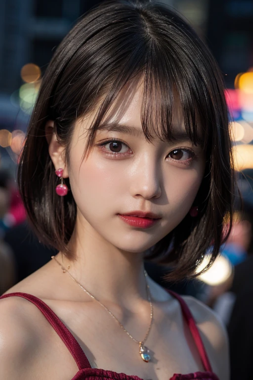 4k,24 year old girl,beautiful face,one person,close-up image of face,live-action,Magenta Color Dress,black hair,short hair,earrings,necklace,night,background jade bokeh