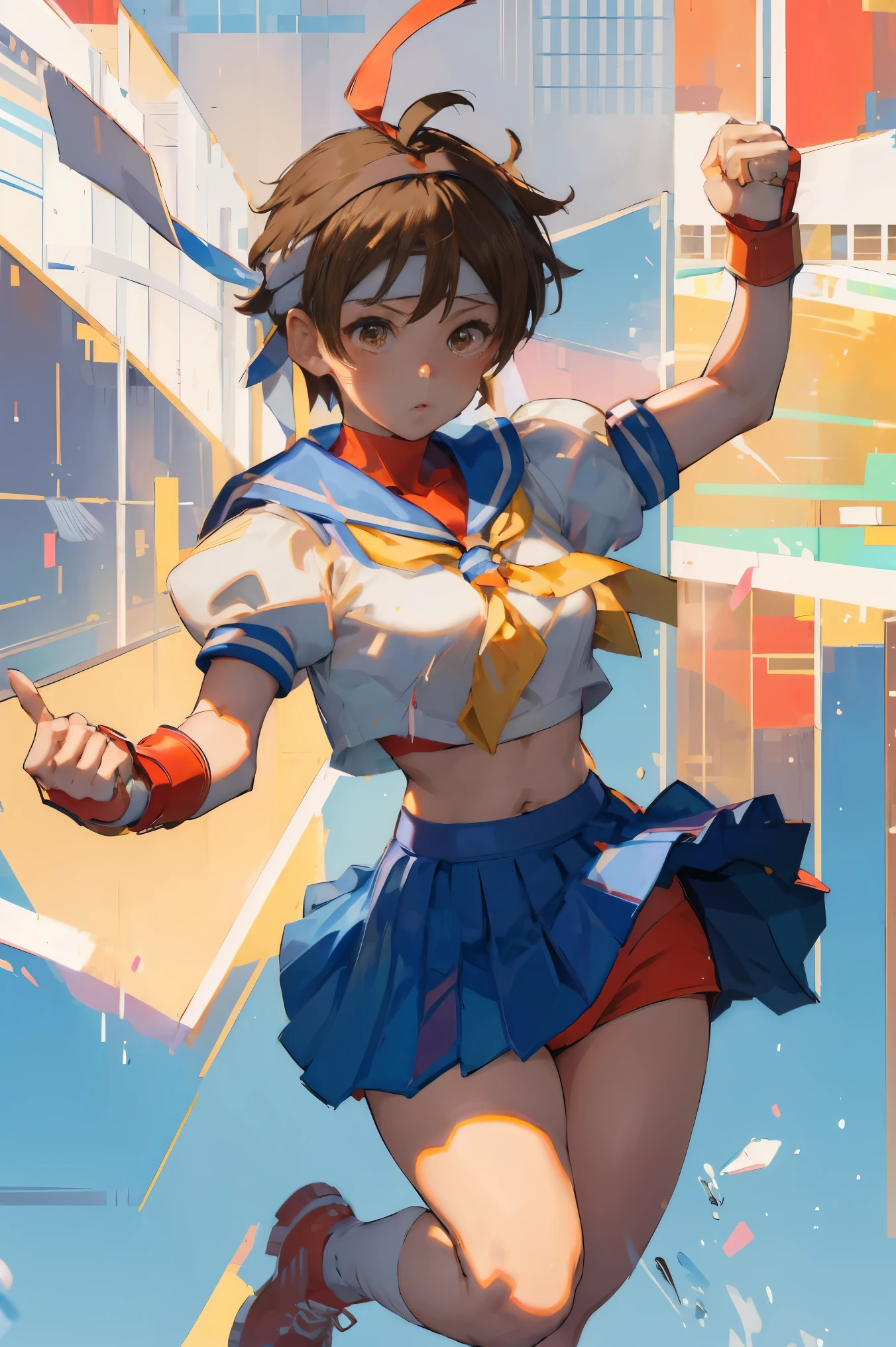 (masterpiece, best quality:1.1), 1girl solo, kasugano sakura, brown eyes, brown hair, short hair, bangs, ahoge, headband, school uniform, puffy sleeves, crop top, yellow neckerchief, blue skirt, fingerless gloves, thighs, white socks, red footwear