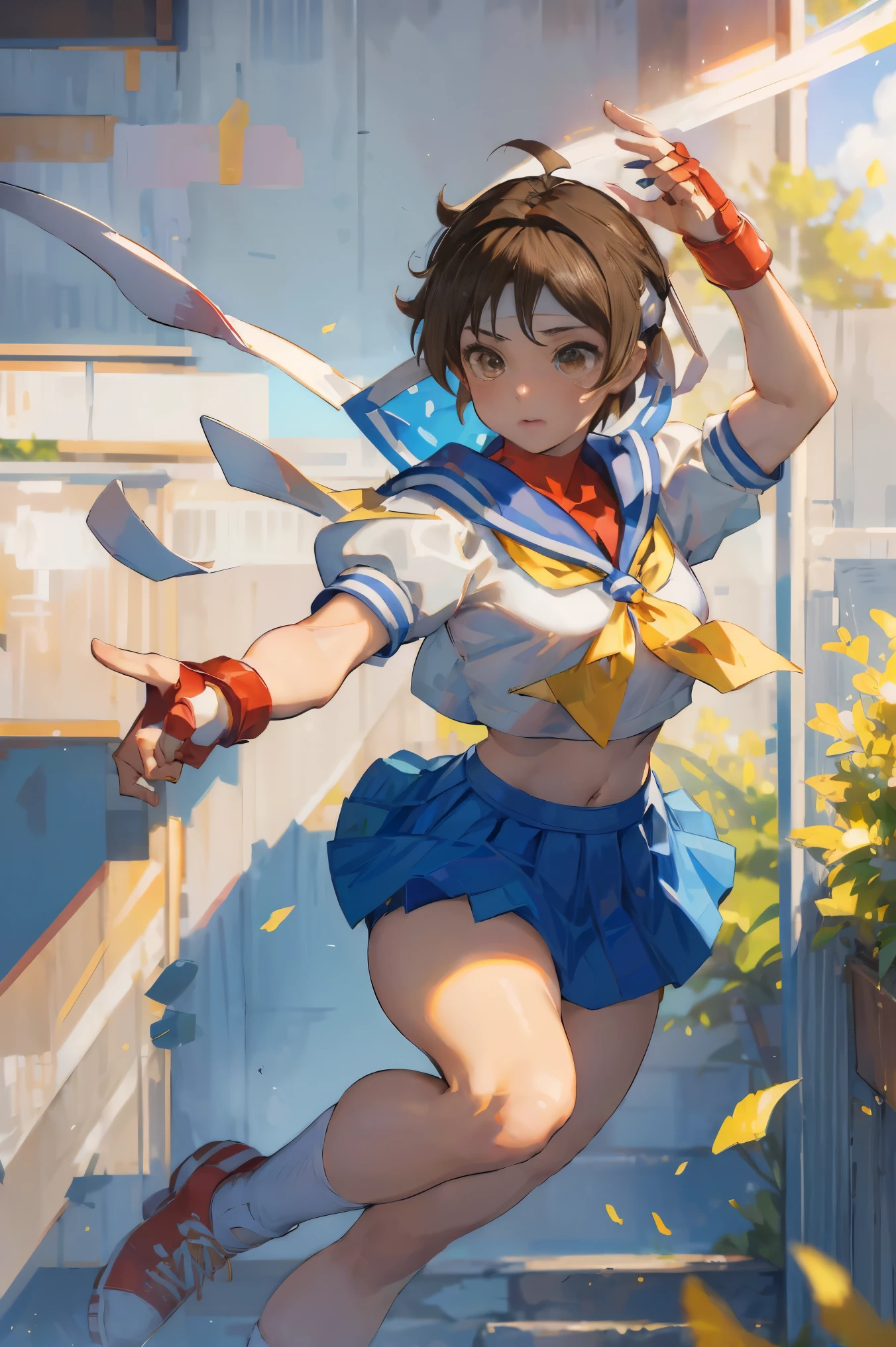 (masterpiece, best quality:1.1), 1girl solo,  kasugano sakura, brown eyes, brown hair, short hair, bangs, ahoge, headband, school uniform, puffy sleeves, crop top, yellow neckerchief, blue skirt, fingerless gloves, thighs, white socks, red footwear