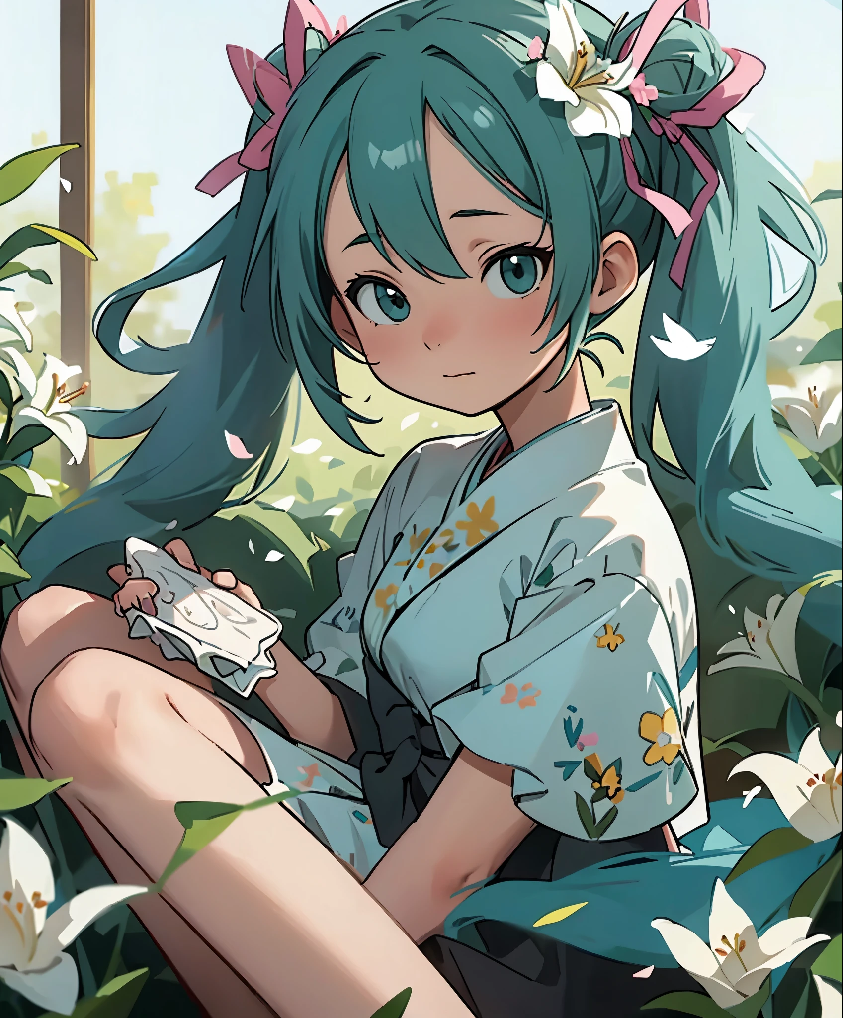 (masterpiece、highest quality、highest quality、official art、beautiful beautiful:1.2)、(1 girl:1.3)Hatsune Miku、twin tails,big breasts,Hatsune Miku ブルーヘア , Kagamine Rin yellow hair , White Wedding Dresses, long hair, flower hairpin, wedding bouquet wrapped in white paper, hand caressed hair, The effect of falling white petals, lily, big,